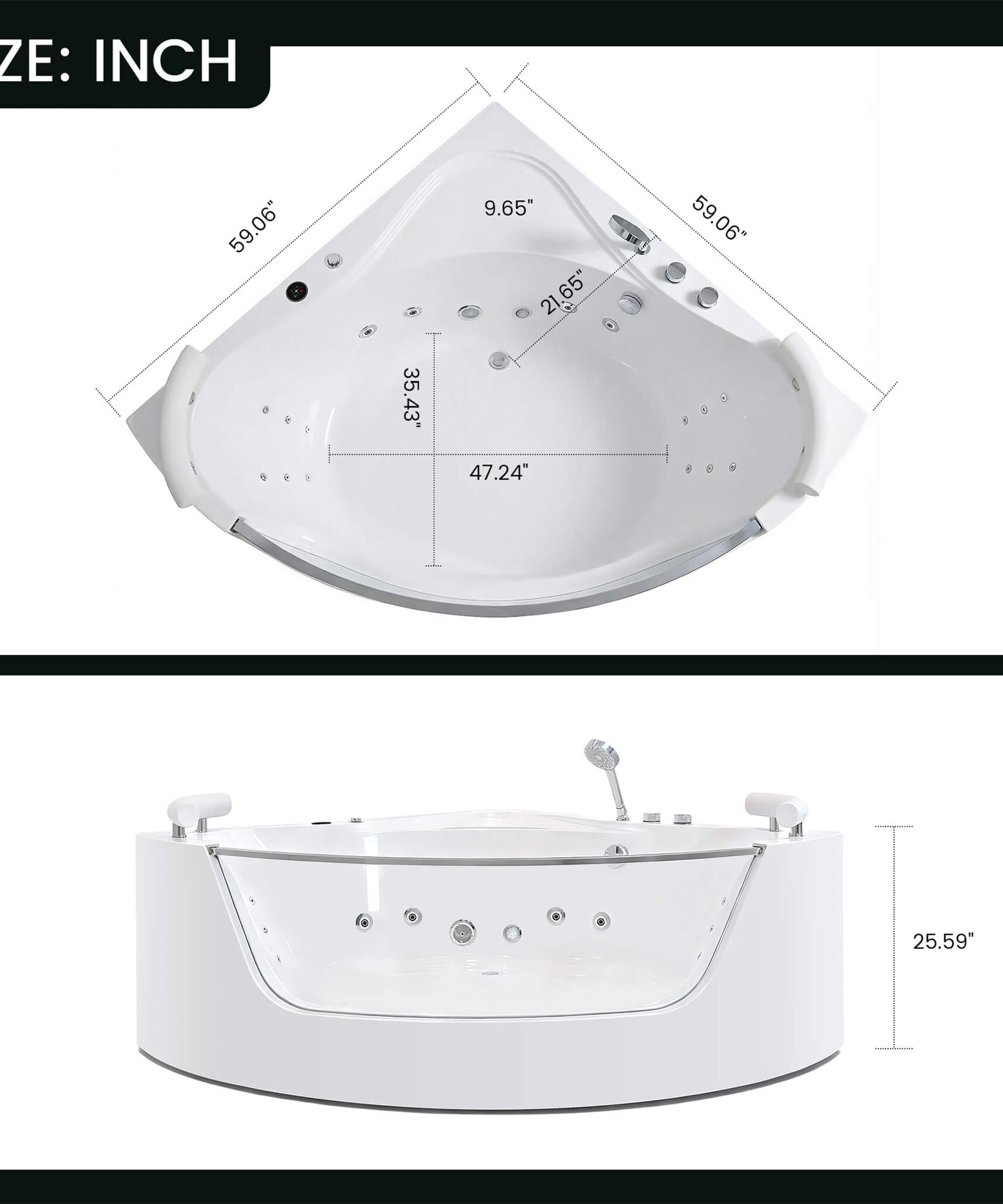 Nuvia Serenity 59-Inch 2-Person Acrylic Corner Whirlpool 16-Jet Hydro Massage Bathtub With Heater Rainbow Light (SAK12058)