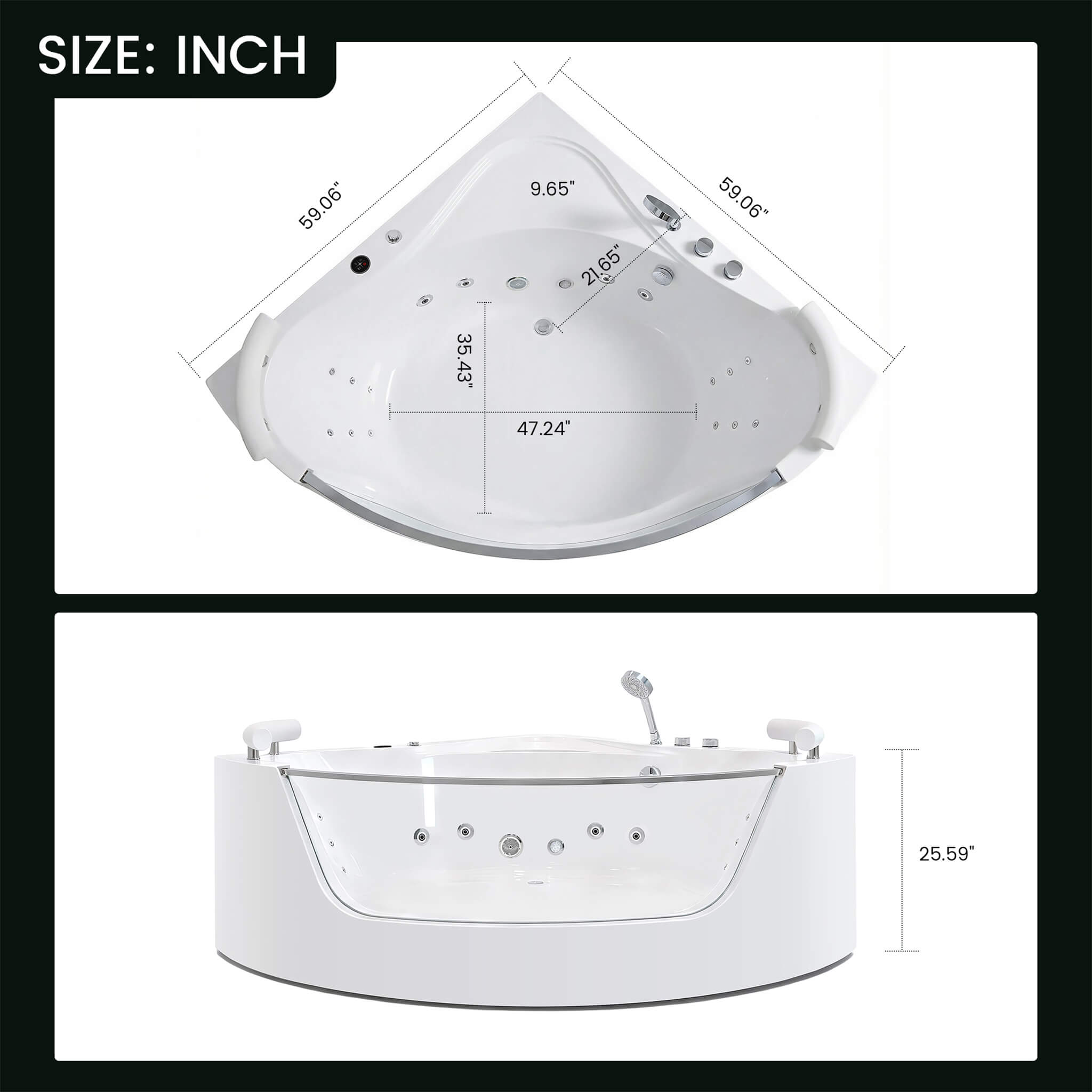 Nuvia Serenity 59-Inch 2-Person Acrylic Corner Whirlpool 16-Jet Hydro Massage Bathtub With Heater Rainbow Light (SAK12058)