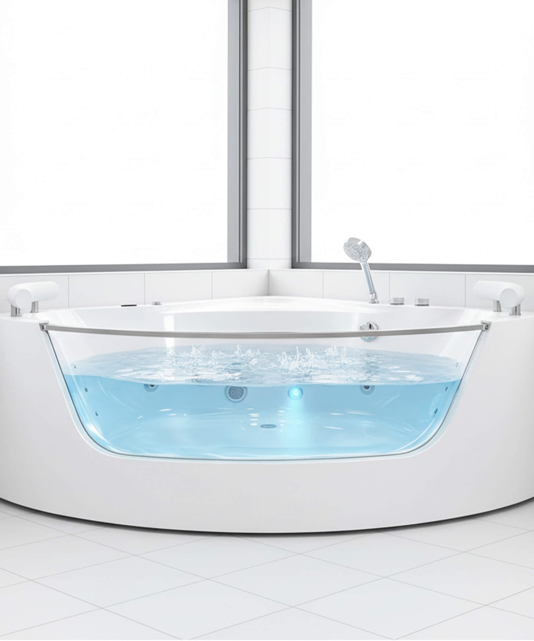 Nuvia Serenity 59-Inch 2-Person Acrylic Corner Whirlpool 16-Jet Hydro Massage Bathtub With Heater Rainbow Light (SAK12058)