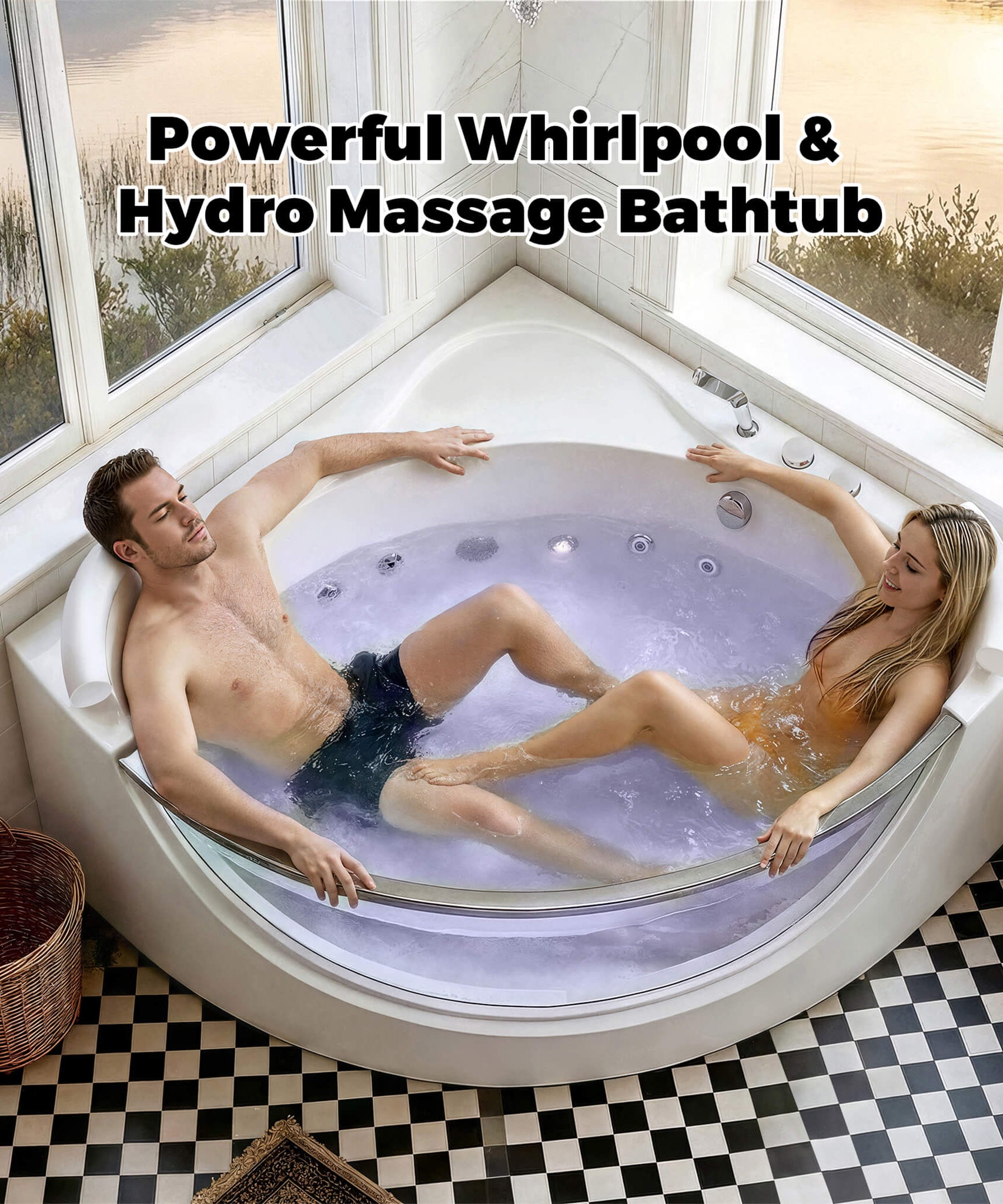 Nuvia Serenity 59-Inch 2-Person Acrylic Corner Whirlpool 16-Jet Hydro Massage Bathtub With Heater Rainbow Light (SAK12058)