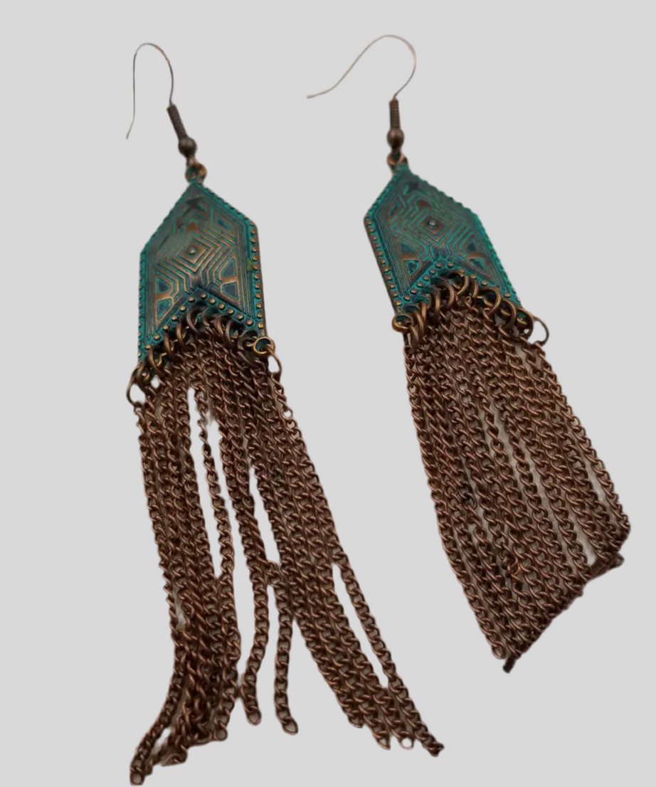 Boho Patina Geometric Fringe Earrings