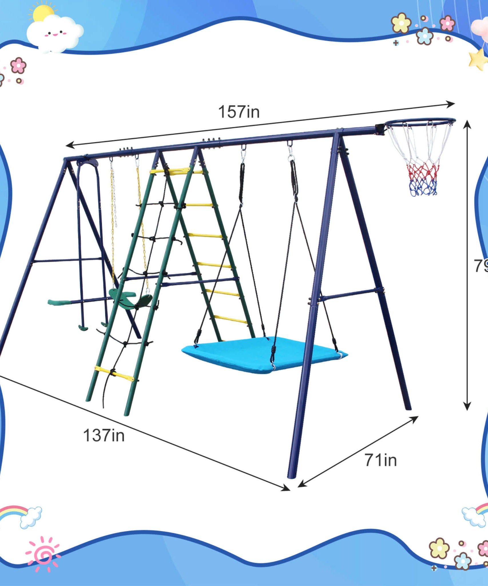 6-In-1 Outdoor Swing Set With Climbing Ladder Net And Basketball Hoop (SAK98152)