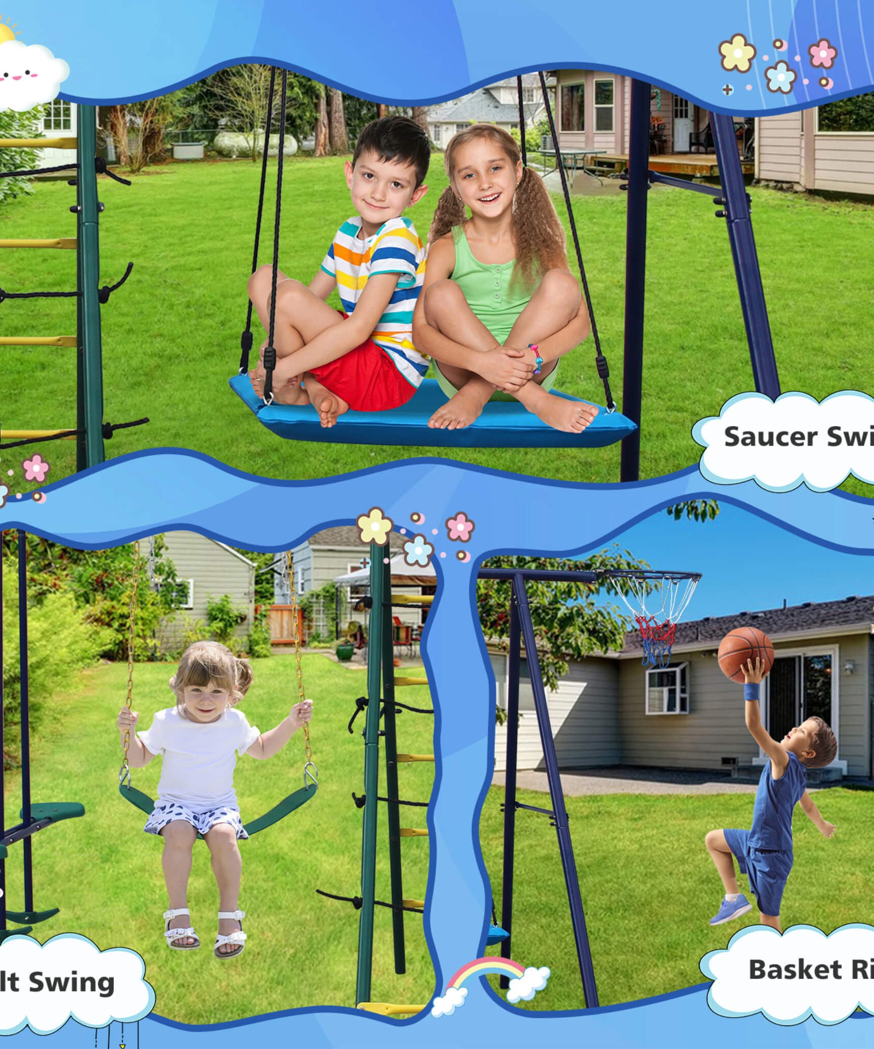 6-In-1 Outdoor Swing Set With Climbing Ladder Net And Basketball Hoop (SAK98152)
