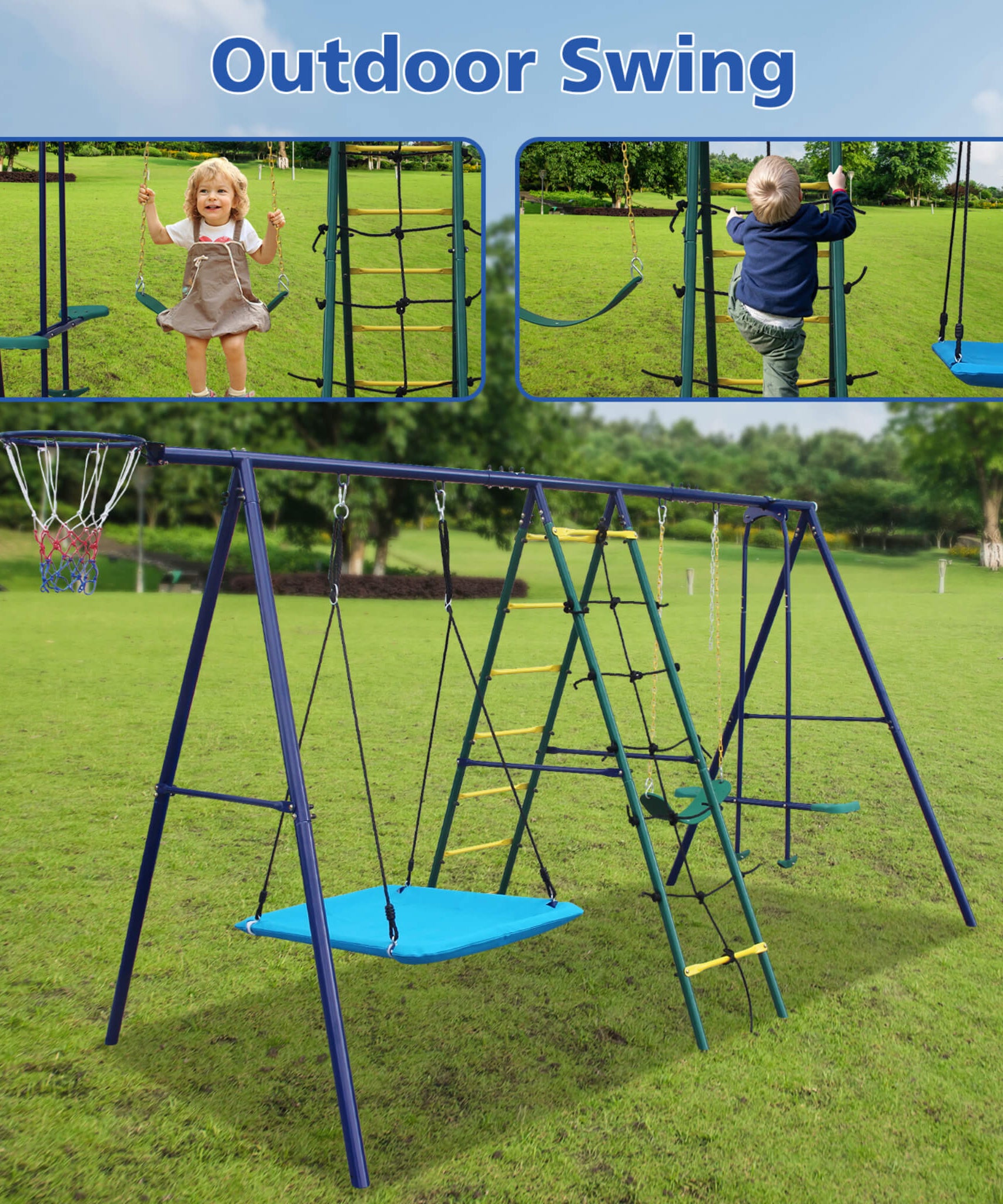 6-In-1 Outdoor Swing Set With Climbing Ladder Net And Basketball Hoop (SAK98152)