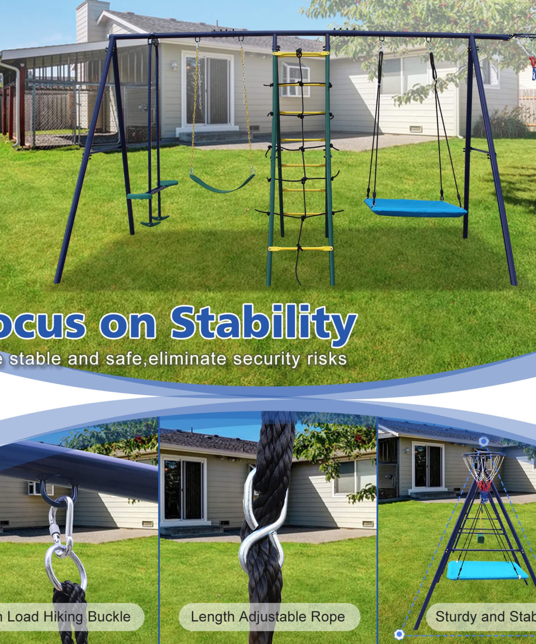 6-In-1 Outdoor Swing Set With Climbing Ladder Net And Basketball Hoop (SAK98152)