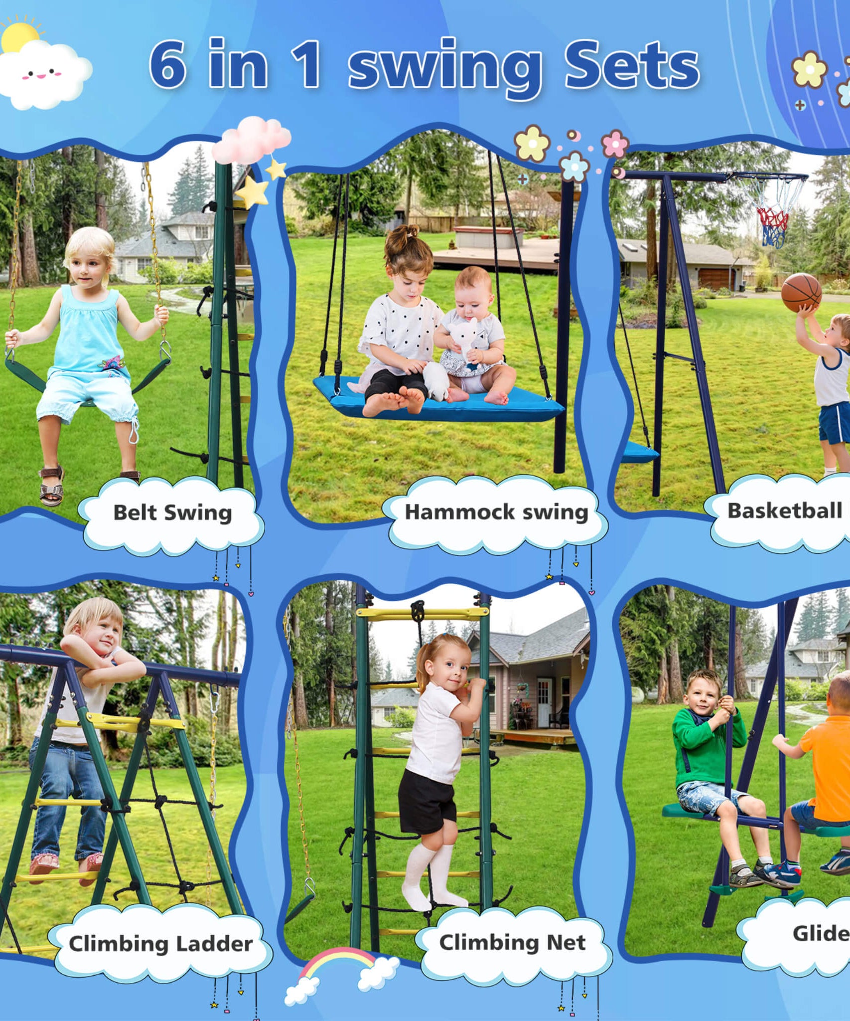 6-In-1 Outdoor Swing Set With Climbing Ladder Net And Basketball Hoop (SAK98152)
