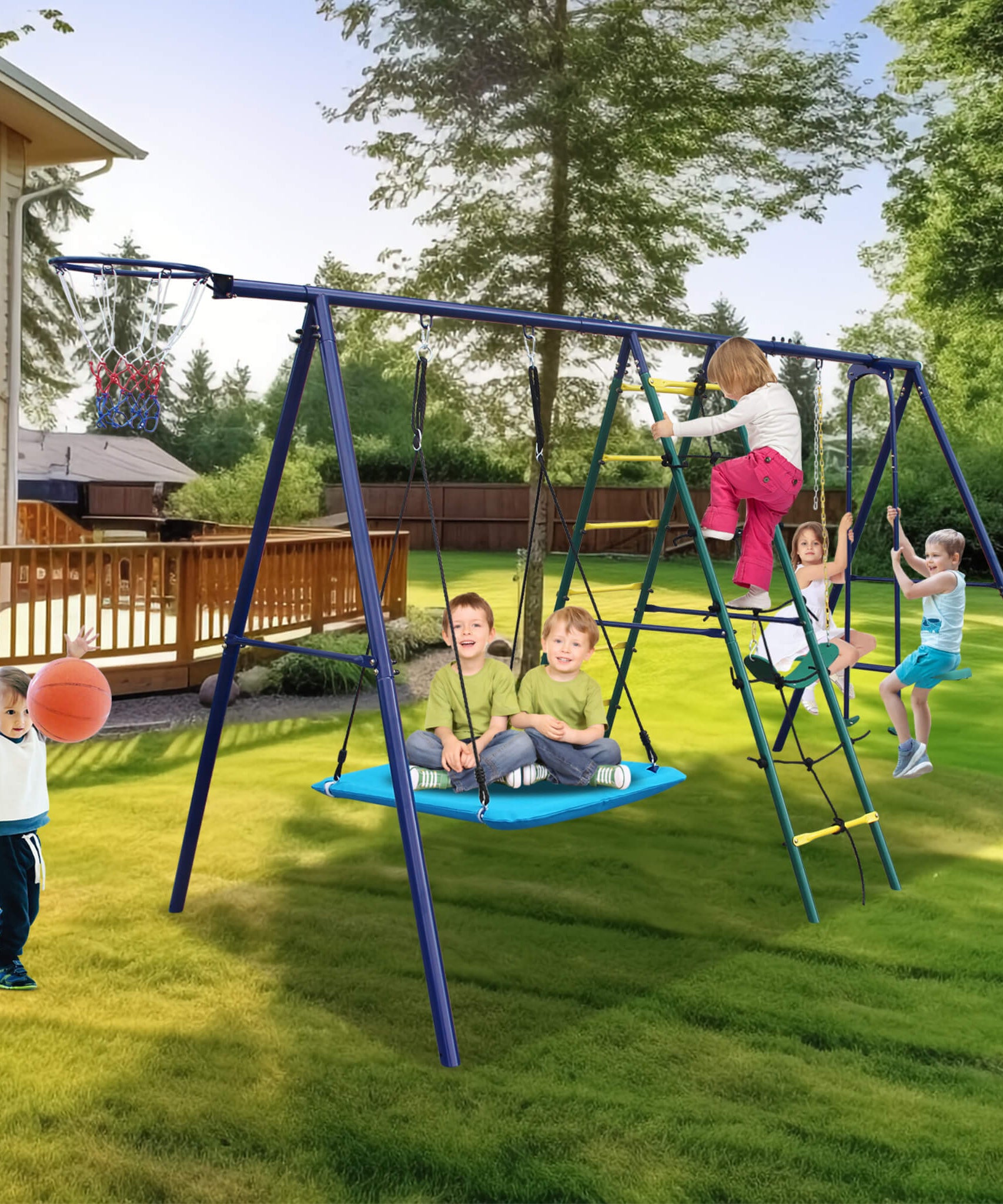 6-In-1 Outdoor Swing Set With Climbing Ladder Net And Basketball Hoop (SAK98152)