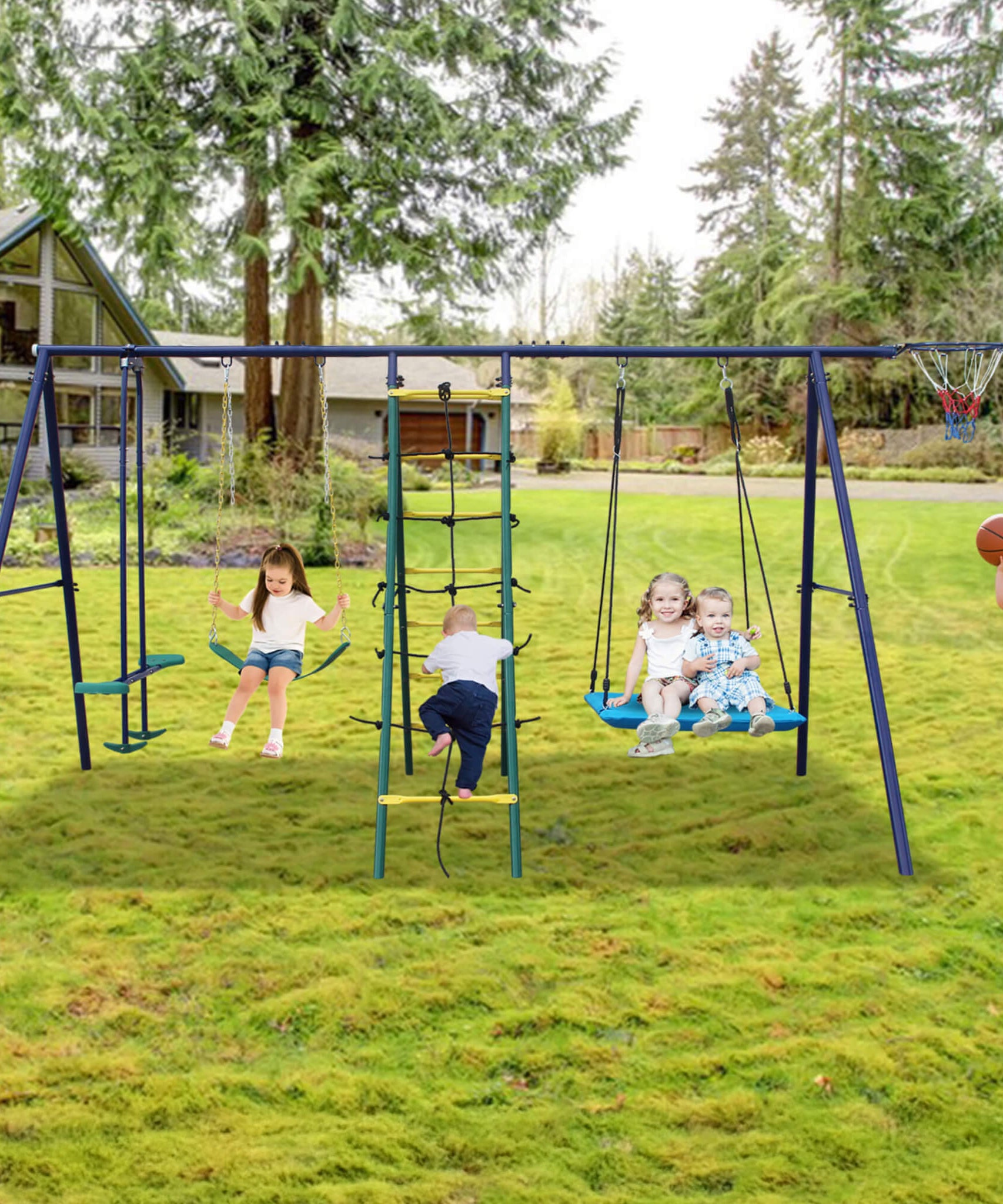 6-In-1 Outdoor Swing Set With Climbing Ladder Net And Basketball Hoop (SAK98152)