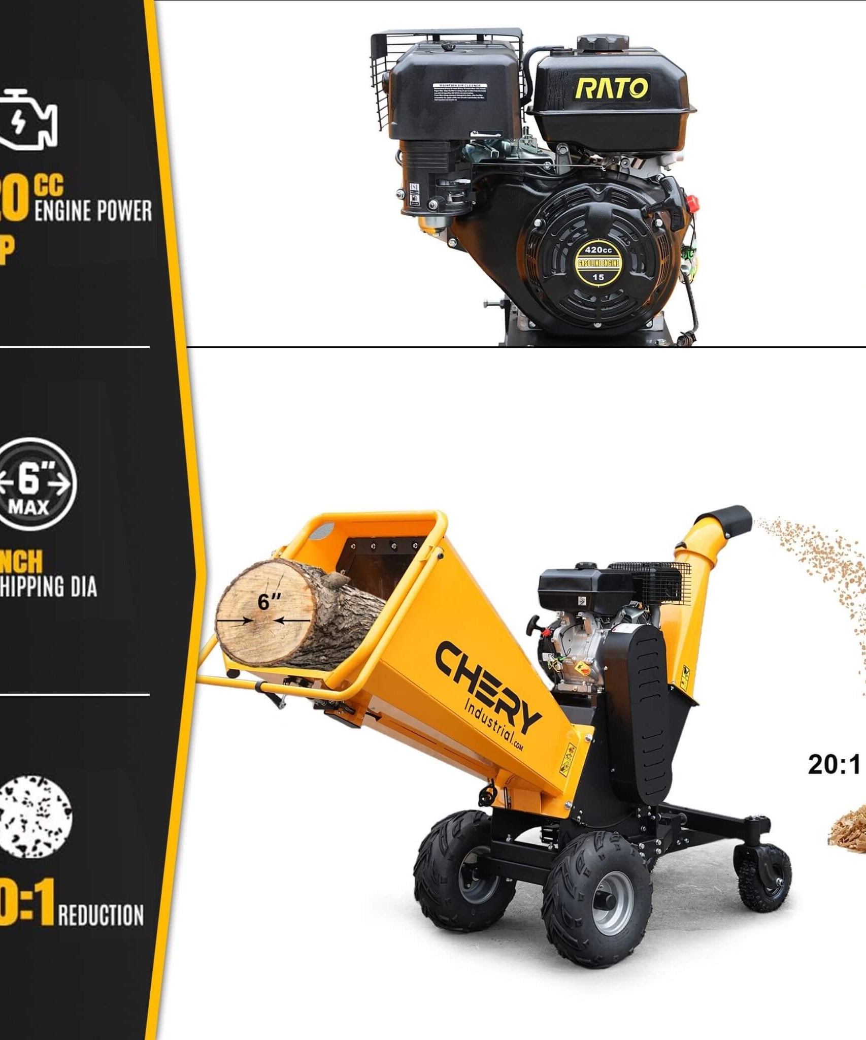 Heavy-Duty 6-Inch 420CC 15HP Gas Wood Chipper Shredder Mulcher With Tow Bar & Safety Stop Bar (SAK42731)