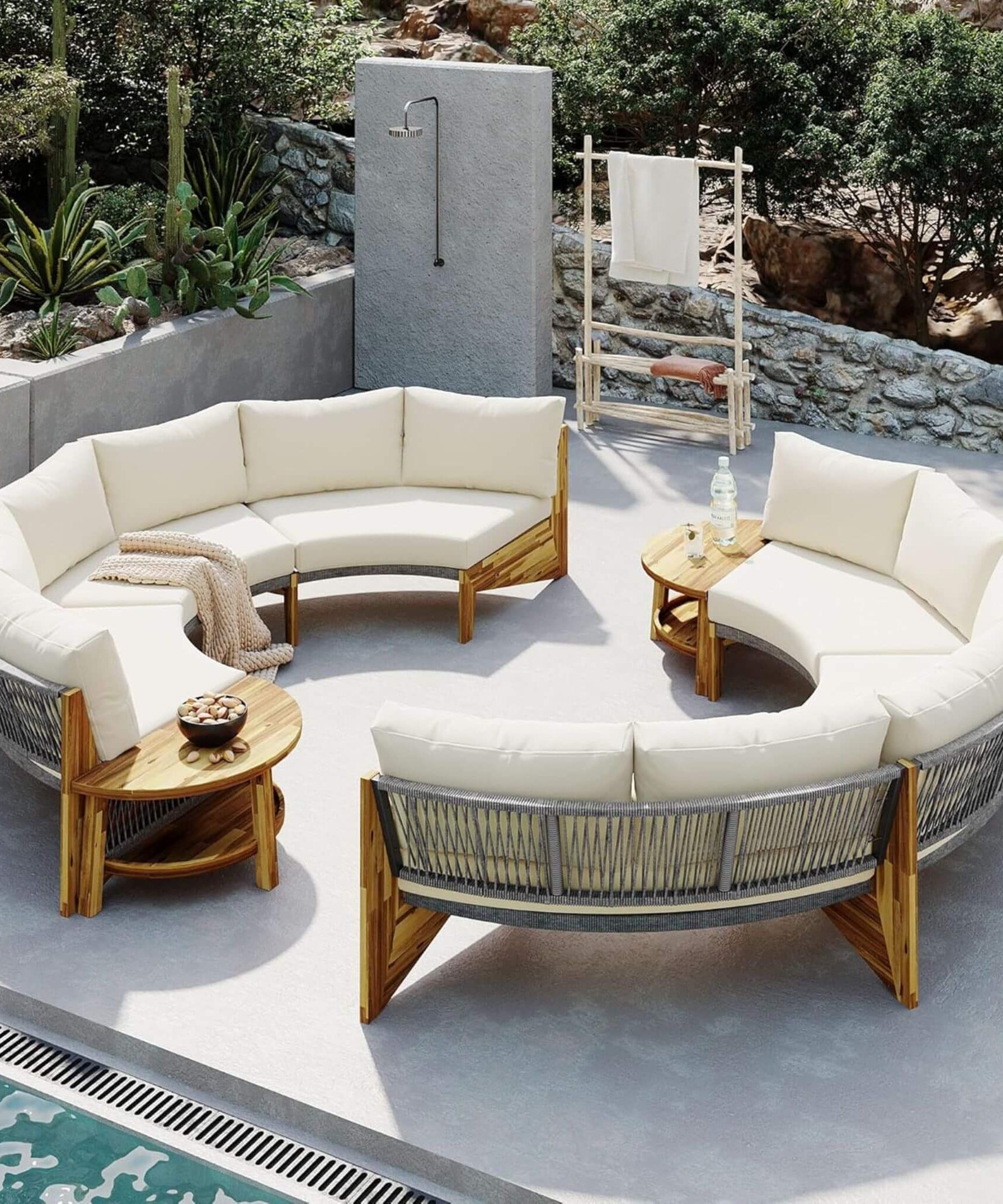 Alora 6-Person Half Moon Beige Patio Sectional Set With Cushions And Table (SAK61928)