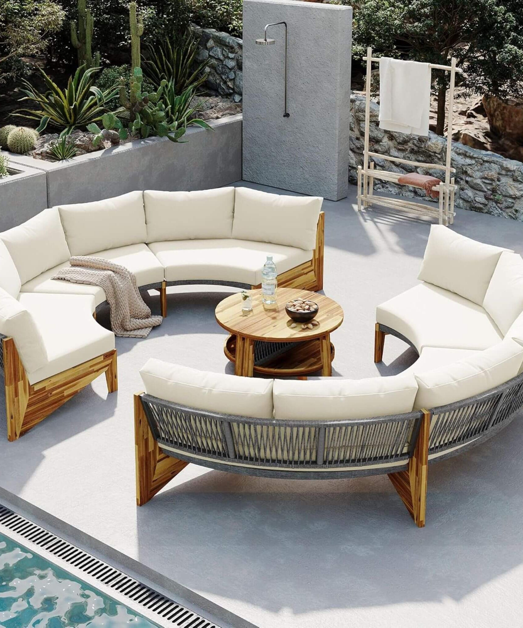 Alora 6-Person Half Moon Beige Patio Sectional Set With Cushions And Table (SAK61928)