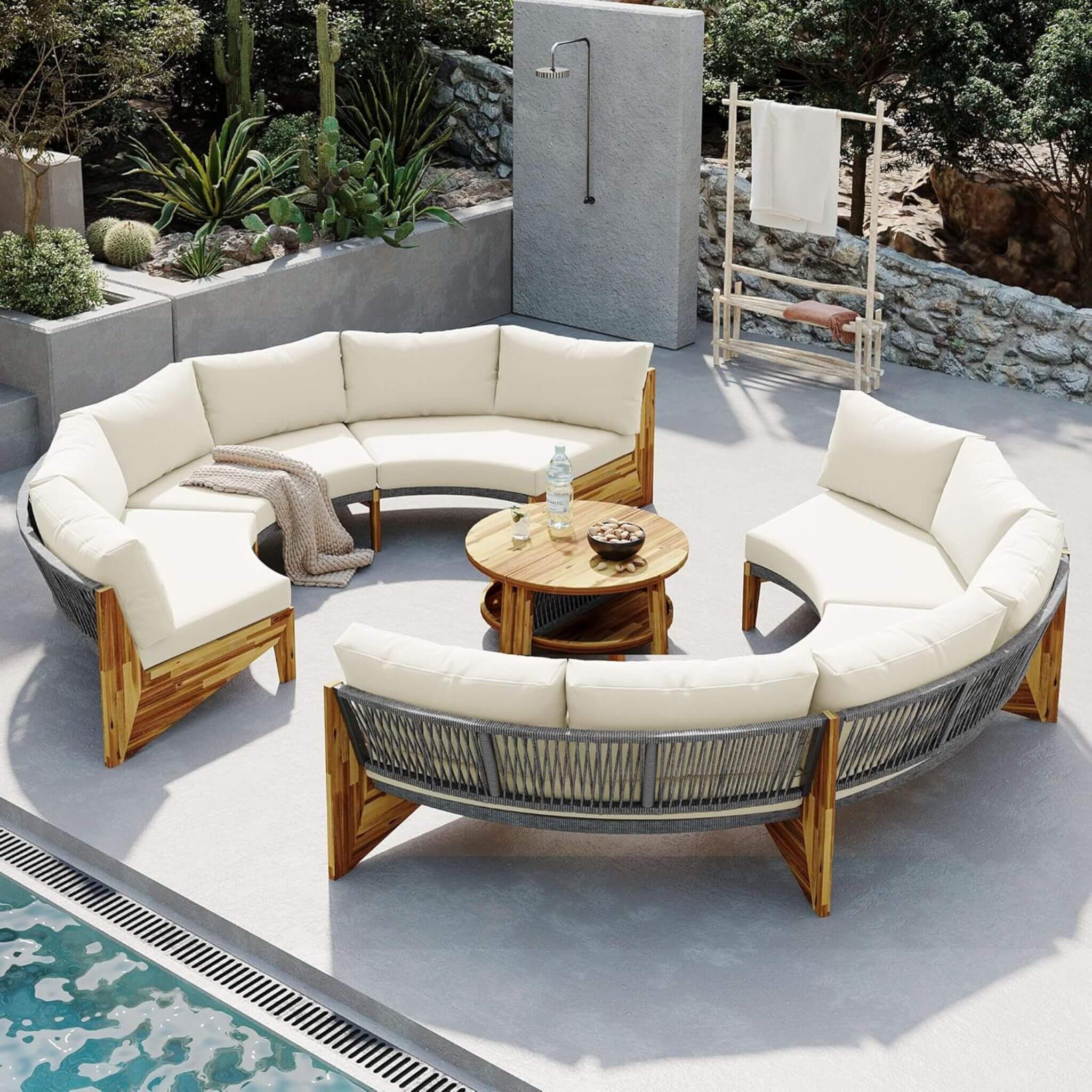 Alora 6-Person Half Moon Beige Patio Sectional Set With Cushions And Table (SAK61928)