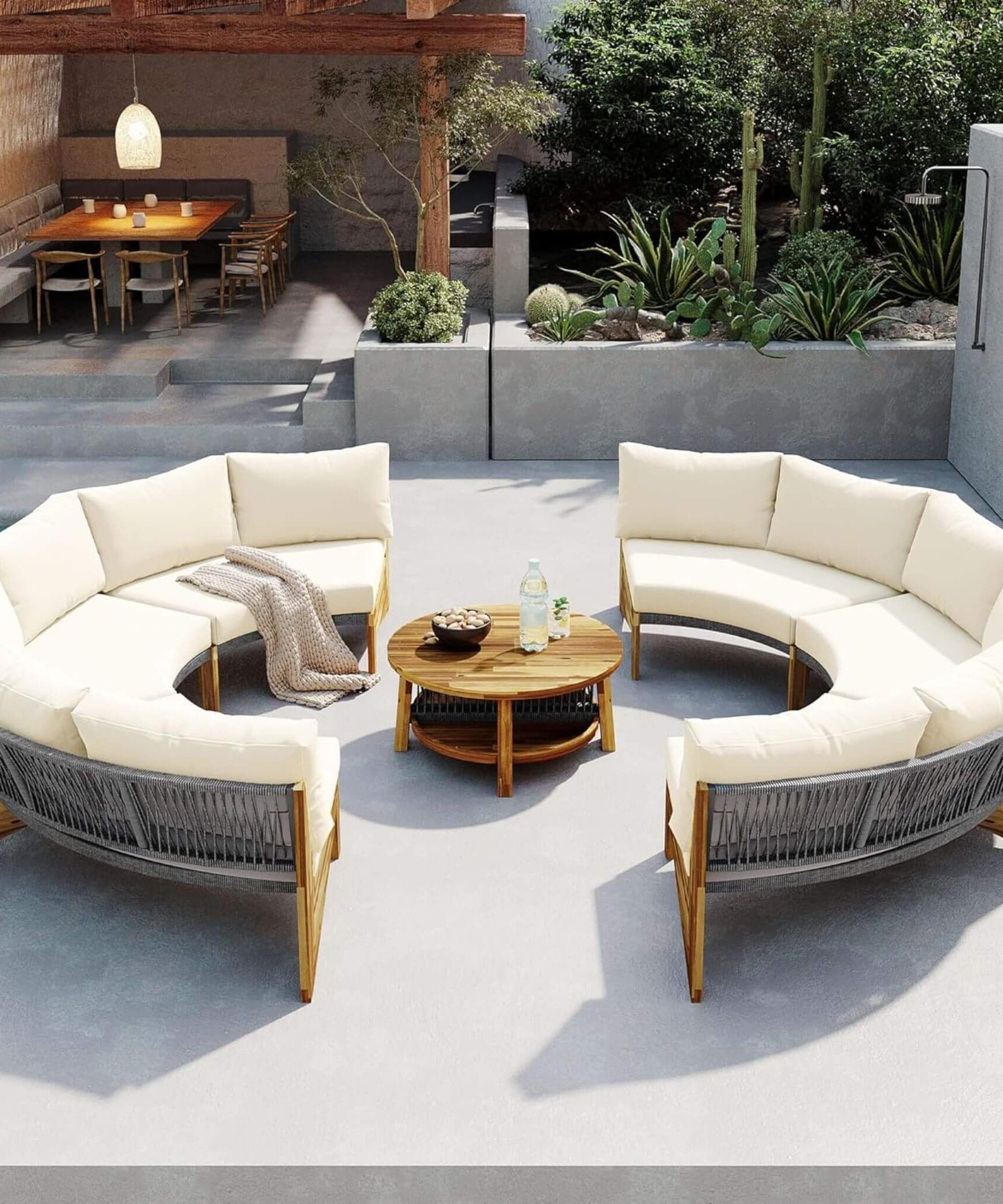 Alora 6-Person Half Moon Beige Patio Sectional Set With Cushions And Table (SAK61928)