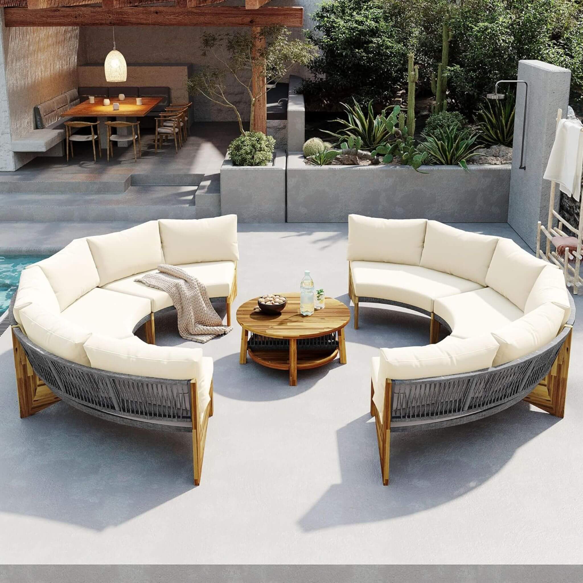 Alora 6-Person Half Moon Beige Patio Sectional Set With Cushions And Table (SAK61928)