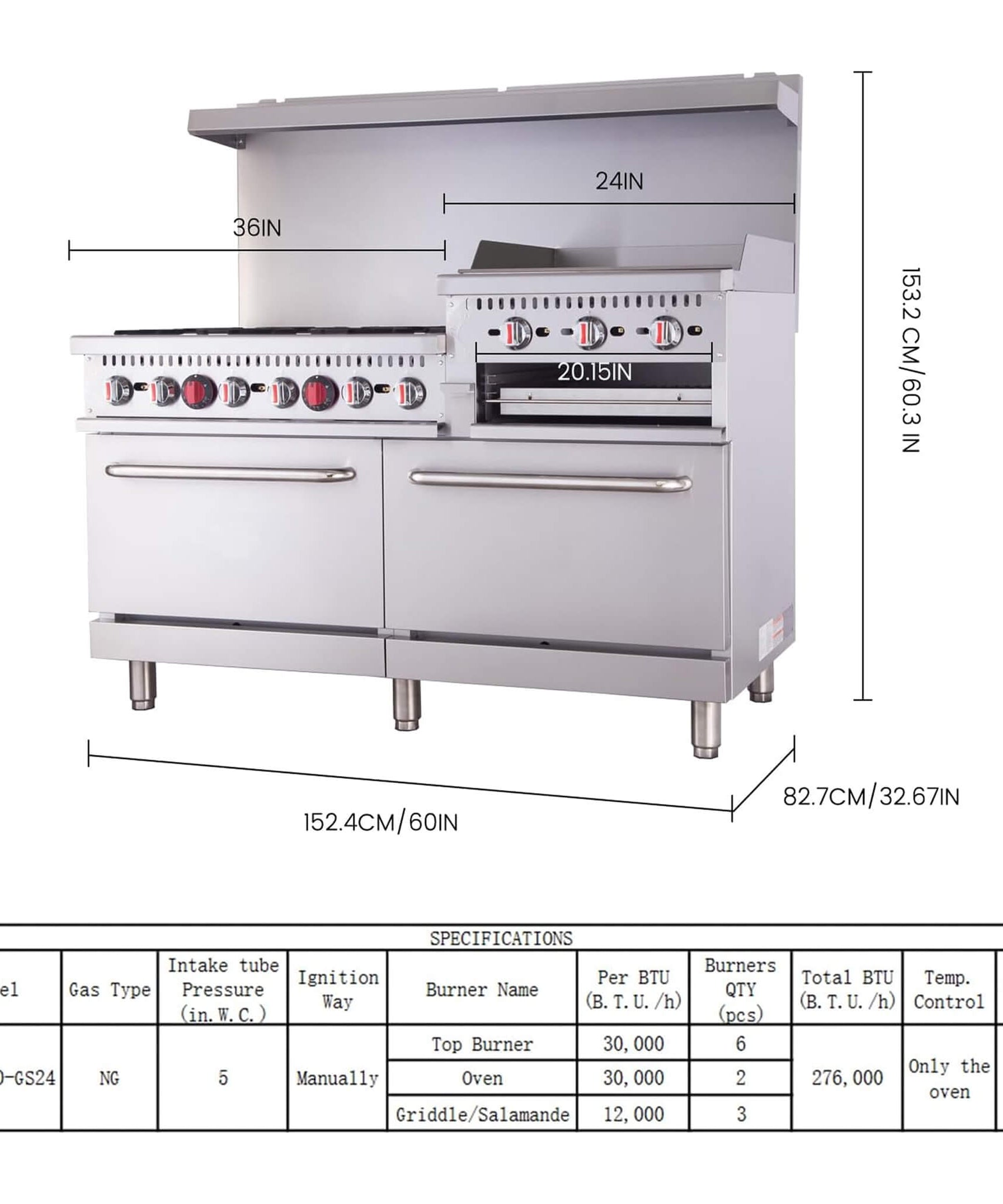 60-Inch Commercial 6-Burner 276K BTU Gas Range With Dual Ovens, Griddle And Salamander (SAK56914)