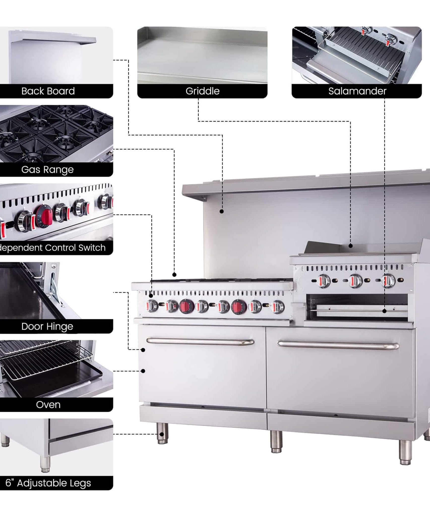 60-Inch Commercial 6-Burner 276K BTU Gas Range With Dual Ovens, Griddle And Salamander (SAK56914)