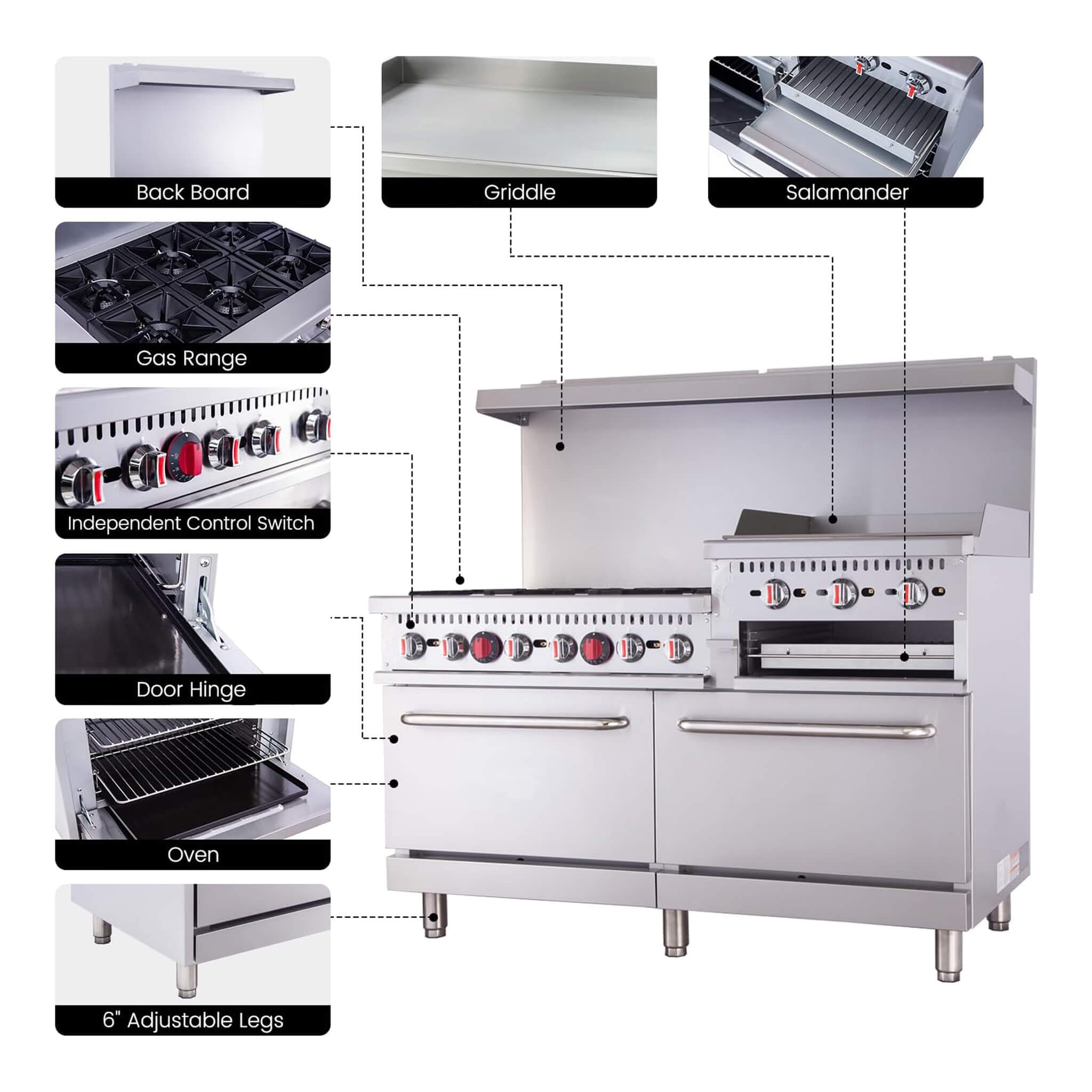 60-Inch Commercial 6-Burner 276K BTU Gas Range With Dual Ovens, Griddle And Salamander (SAK56914)