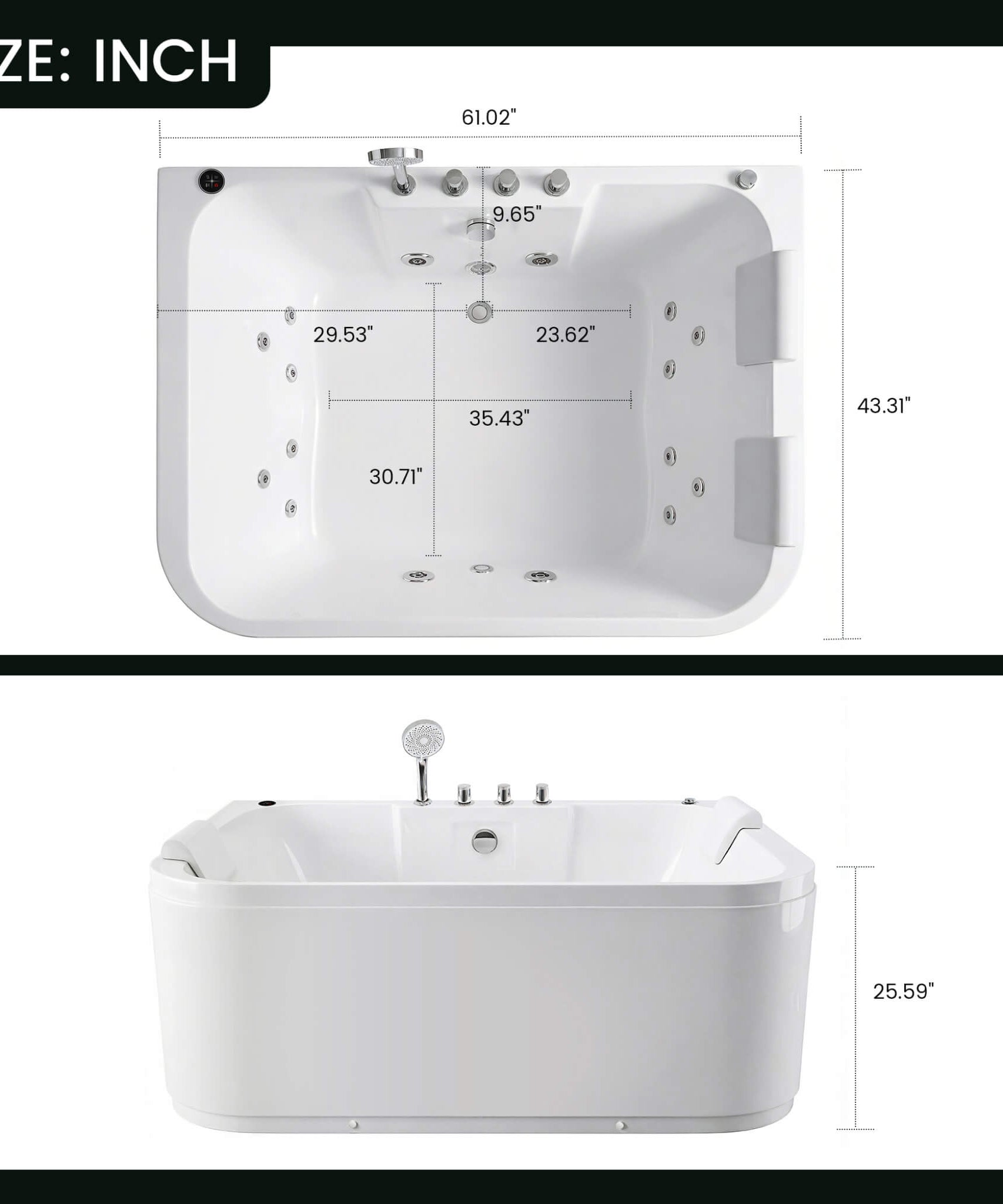 Nuvia 61-Inch 2-Person Acrylic Whirlpool Massage Bathtub With 16 Water Jets And LED Lights (SAK15780)