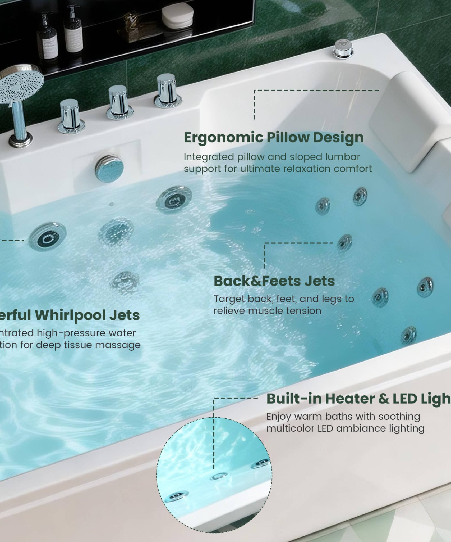 Nuvia 61-Inch 2-Person Acrylic Whirlpool Massage Bathtub With 16 Water Jets And LED Lights (SAK15780)
