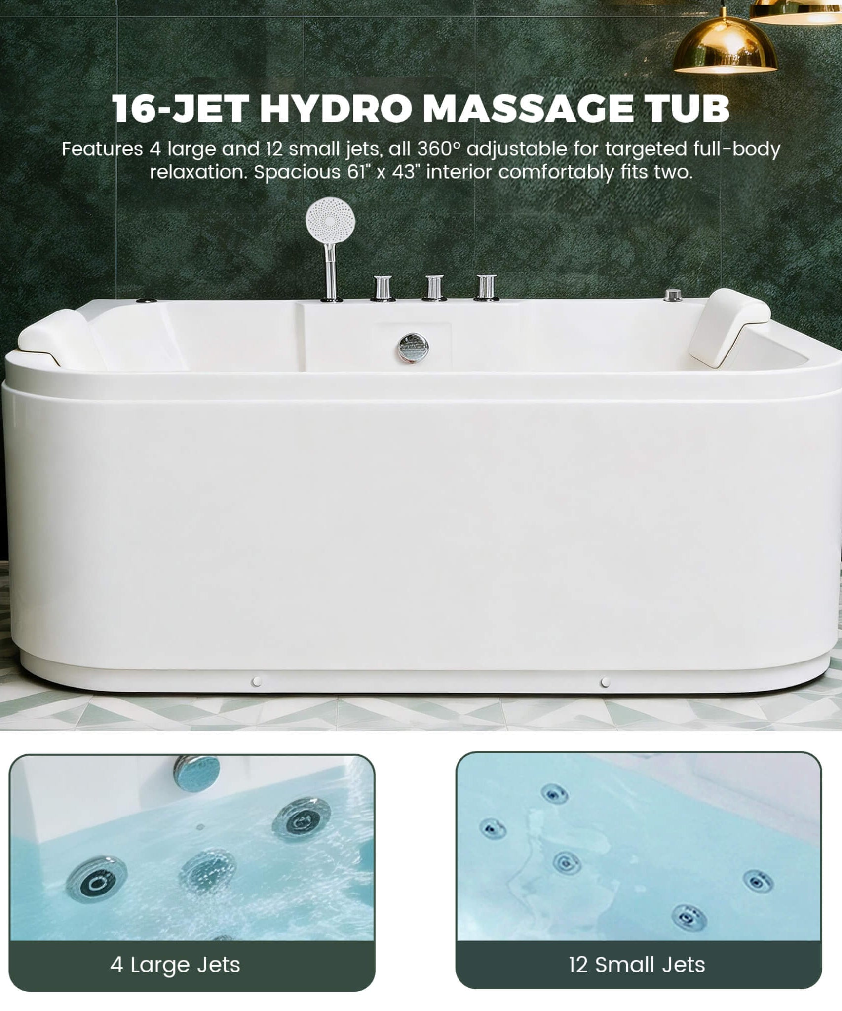 Nuvia 61-Inch 2-Person Acrylic Whirlpool Massage Bathtub With 16 Water Jets And LED Lights (SAK15780)