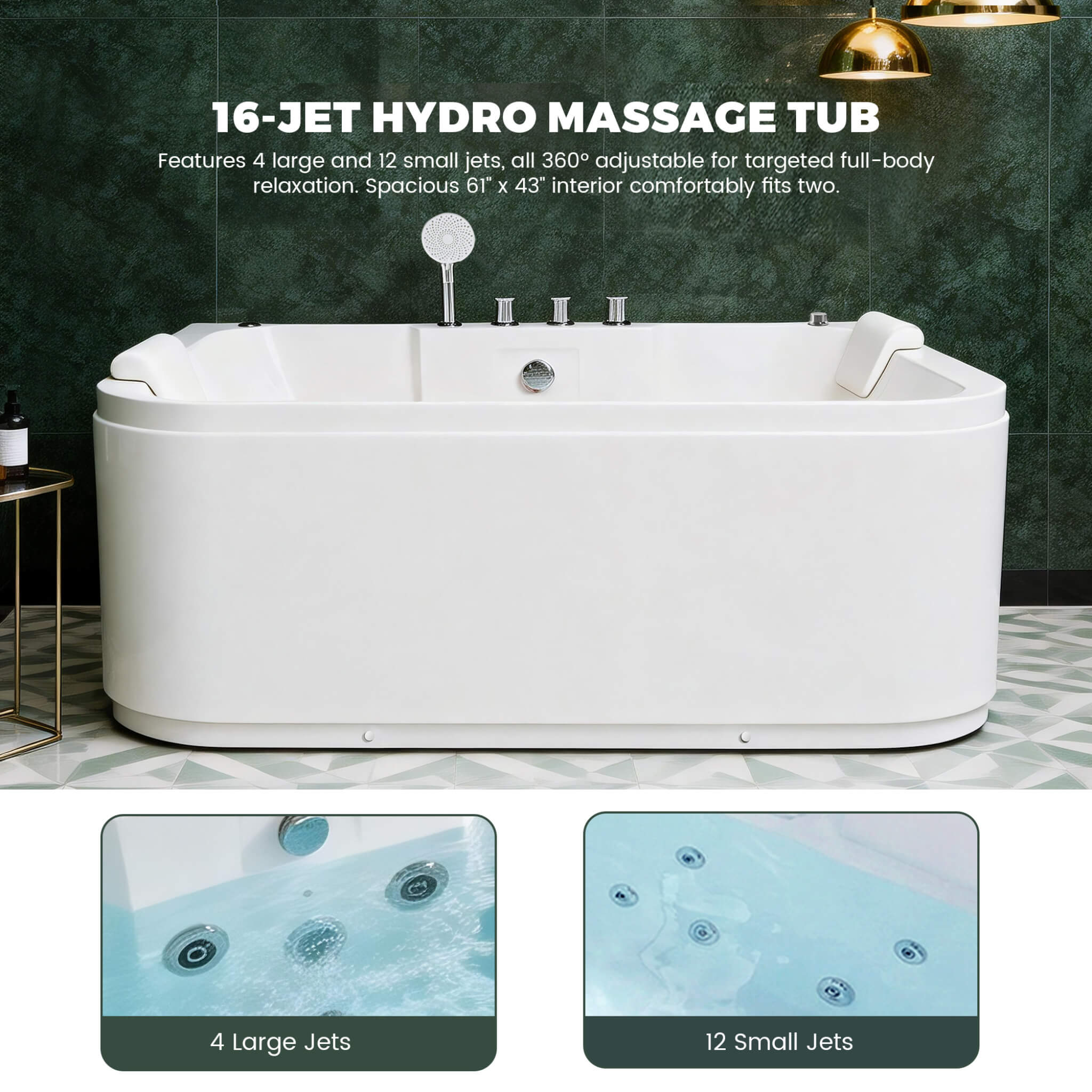 Nuvia 61-Inch 2-Person Acrylic Whirlpool Massage Bathtub With 16 Water Jets And LED Lights (SAK15780)