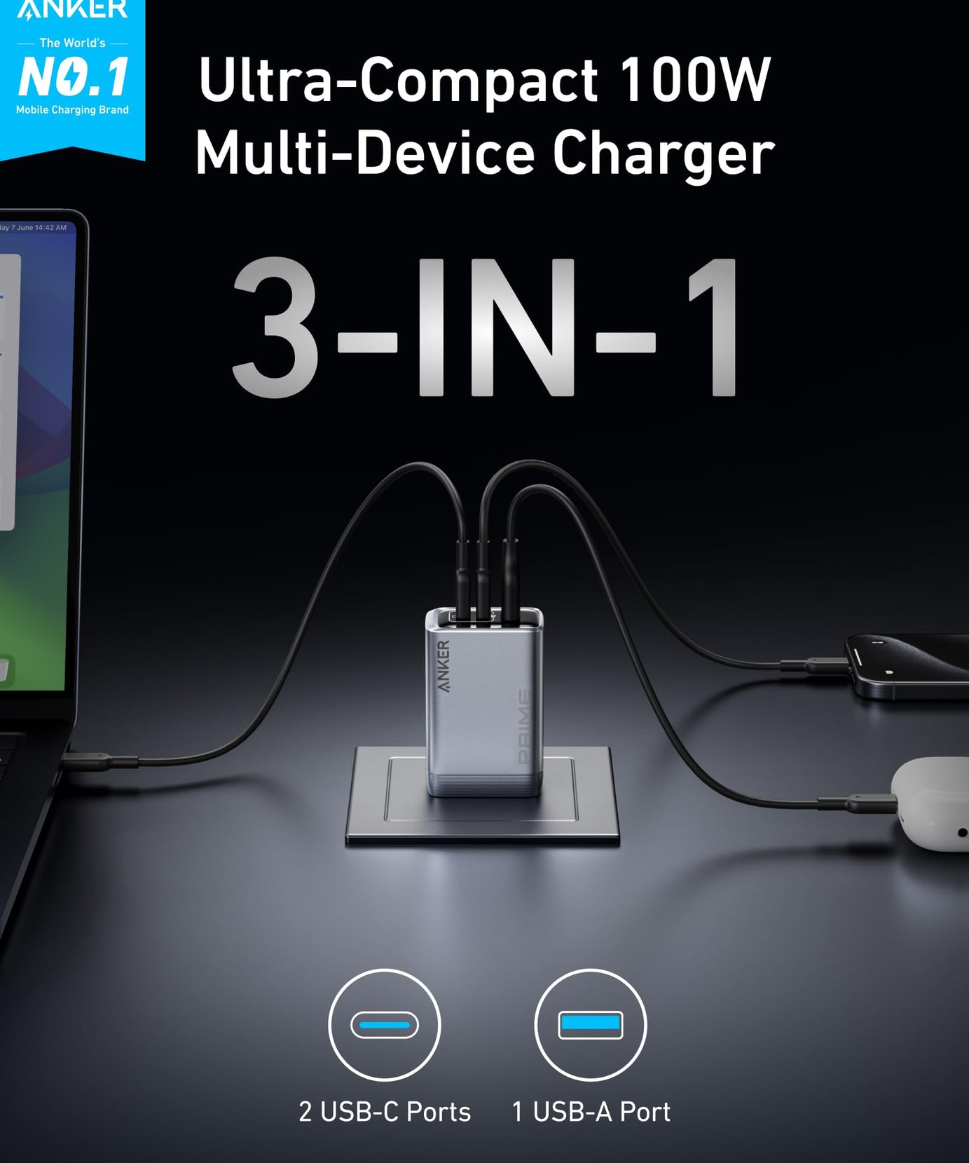 Anker Prime Charger (100W, 3 Ports, GaN)