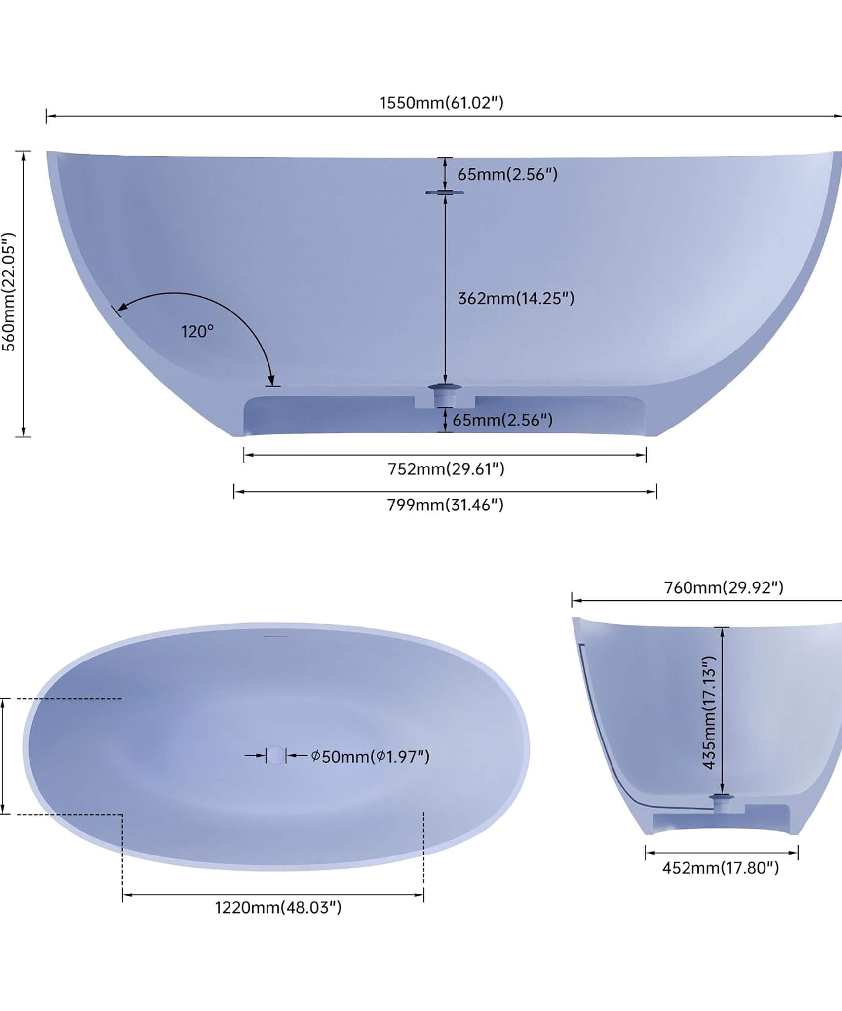 [61X29.5-Inch] Nuvia Freestanding Modern Oval Stone Resin Soaking Tub With Overflow Drain (SAK40125)