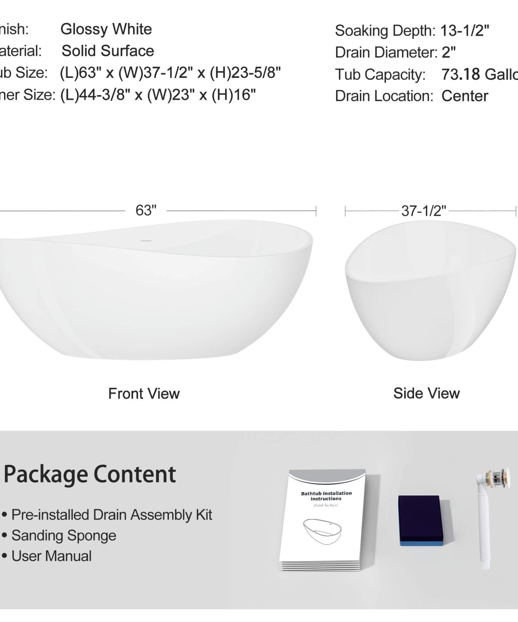 Nuvia 63-Inch Freestanding Glossy White Stone Resin Bathtub With Overflow And Drain (SAK42613)