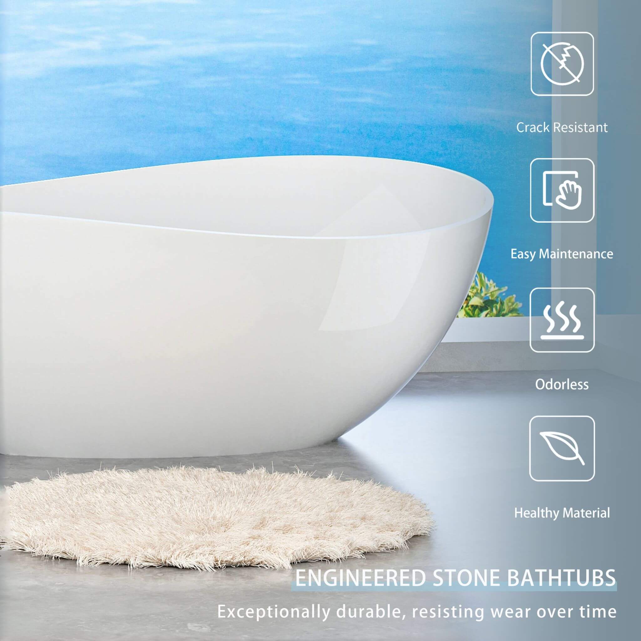 Nuvia 63-Inch Freestanding Glossy White Stone Resin Bathtub With Overflow And Drain (SAK42613)
