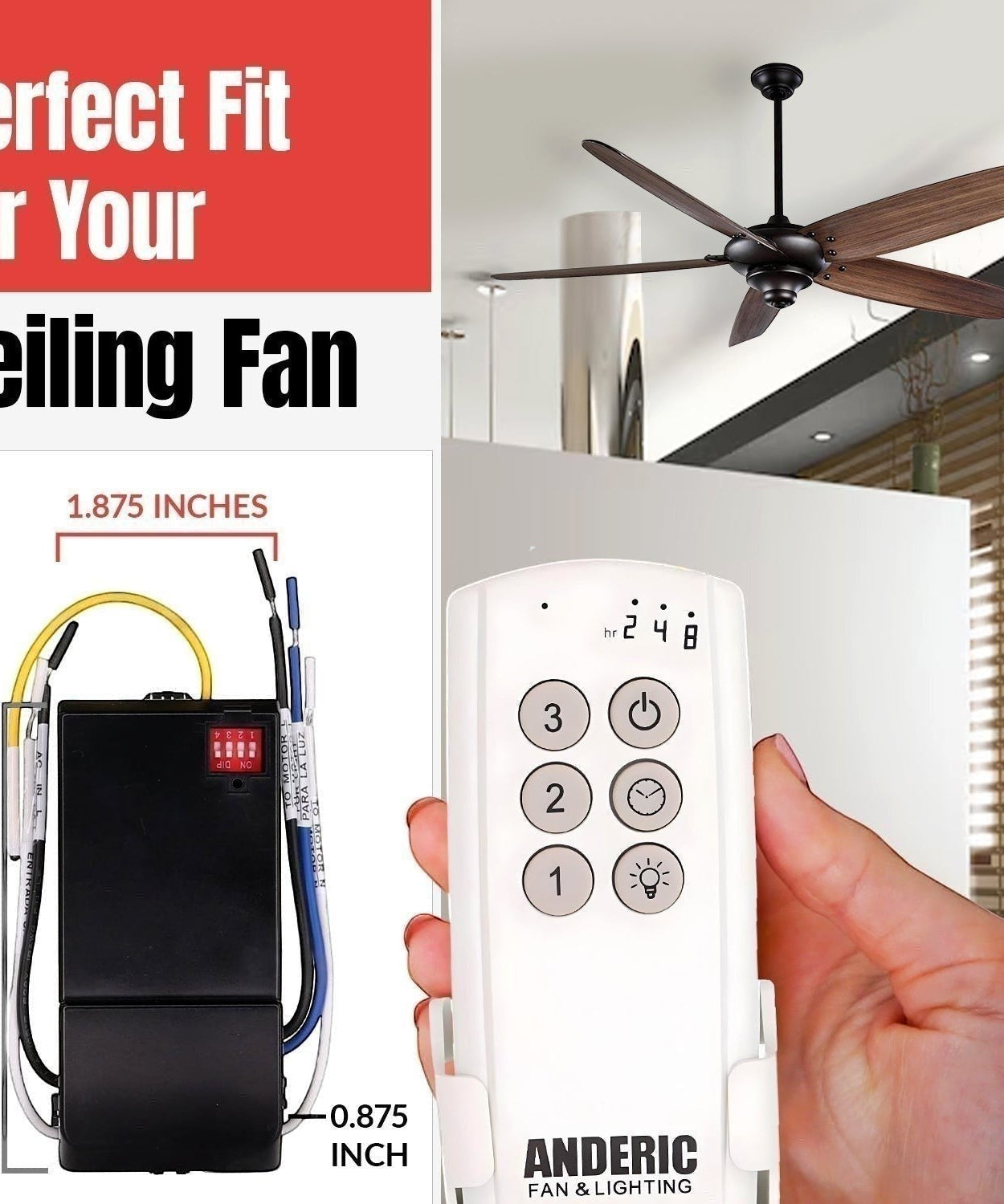 Anderic Substitute Kit for Home Decorators Collection A25-43 Ceiling Fan Remote Control [63T-AC83T-KIT]