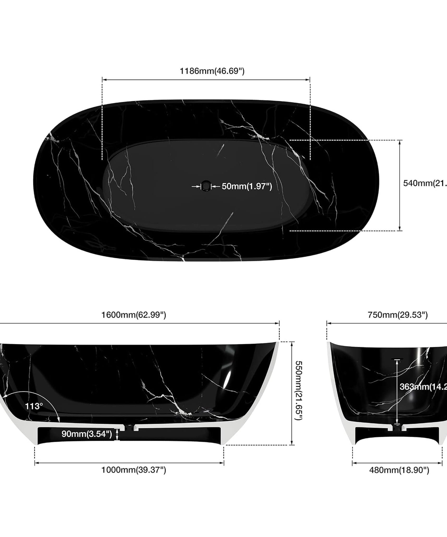 [63X29.5-Inch] Nuvia Freestanding Modern Marble-Design Solid Surface Soaking Tub With Overflow (SAK11528)