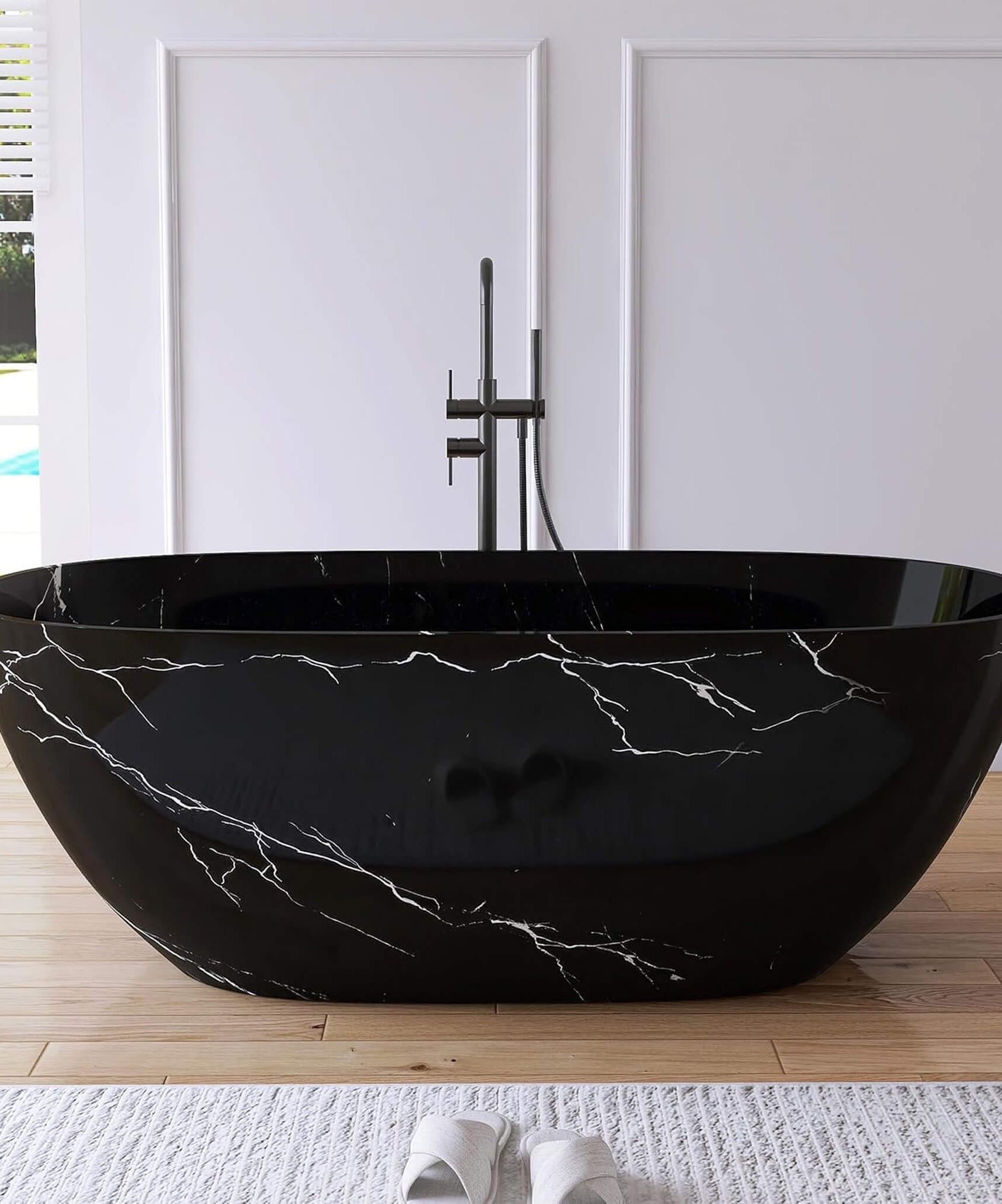 [63X29.5-Inch] Nuvia Freestanding Modern Marble-Design Solid Surface Soaking Tub With Overflow (SAK11528)