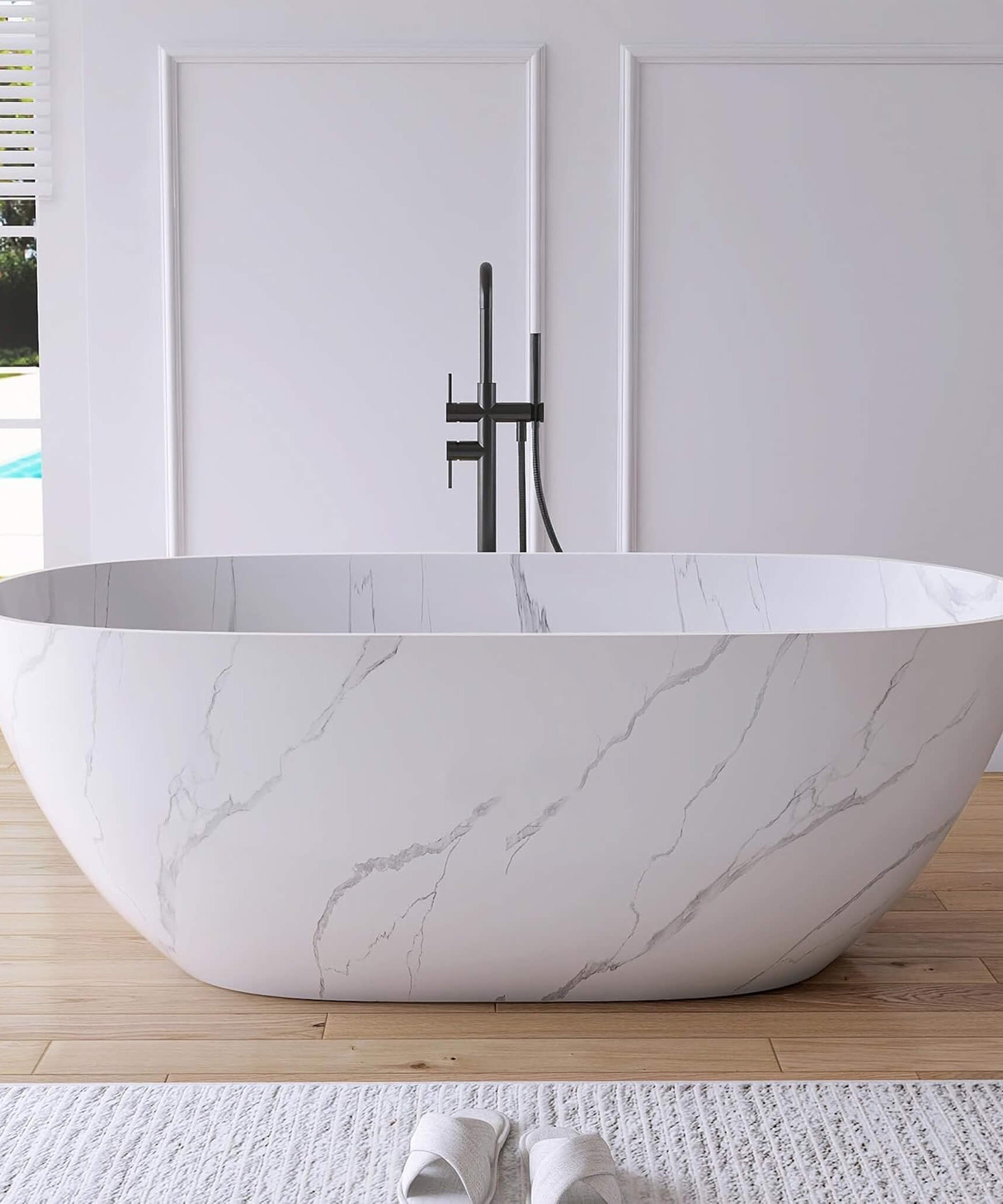 [63X29.5-Inch] Nuvia Freestanding Modern Marble-Design Solid Surface Soaking Tub With Overflow (SAK11528)
