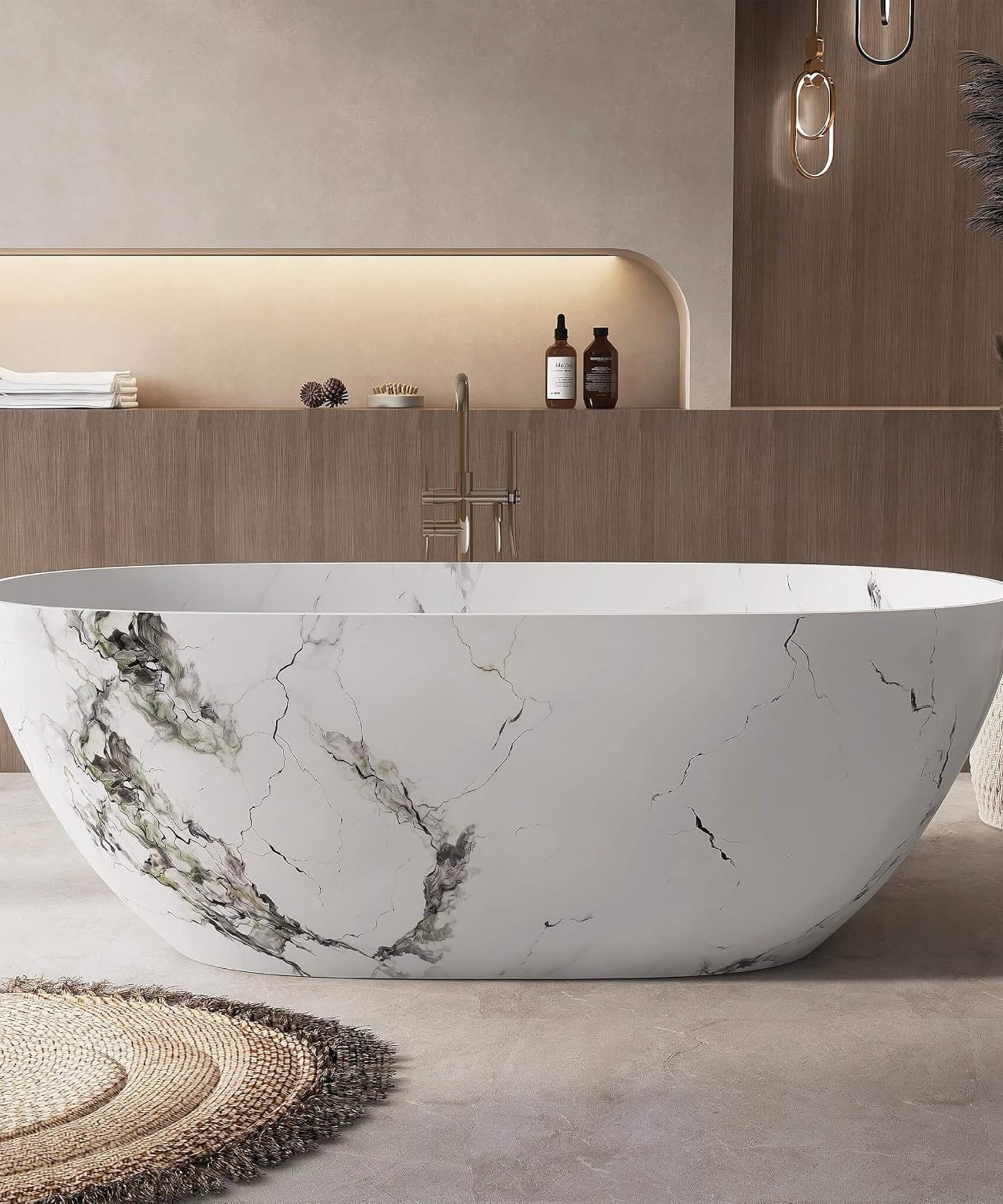 [63X29.5-Inch] Nuvia Freestanding Modern Marble-Design Solid Surface Soaking Tub With Overflow (SAK11528)