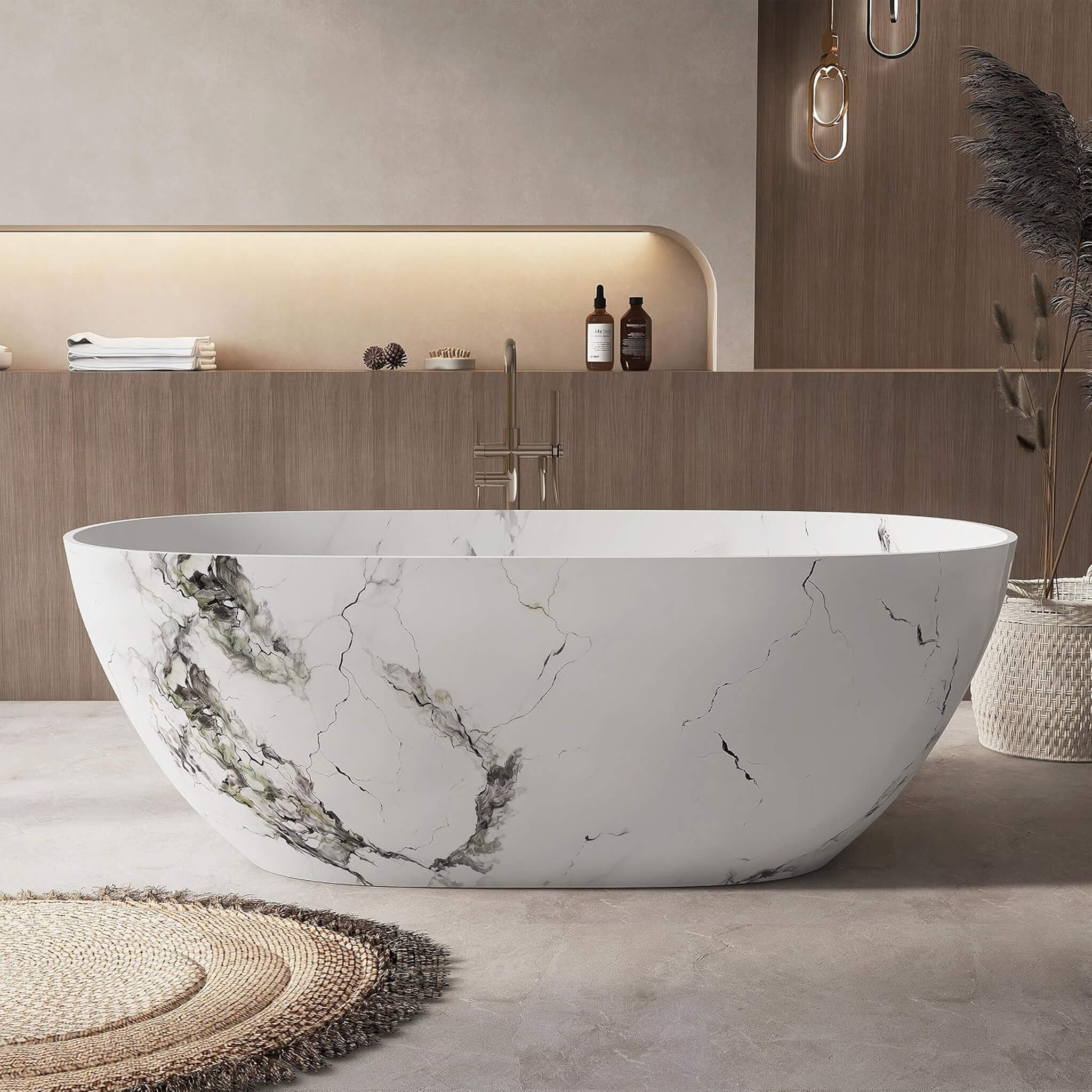 [63X29.5-Inch] Nuvia Freestanding Modern Marble-Design Solid Surface Soaking Tub With Overflow (SAK11528)