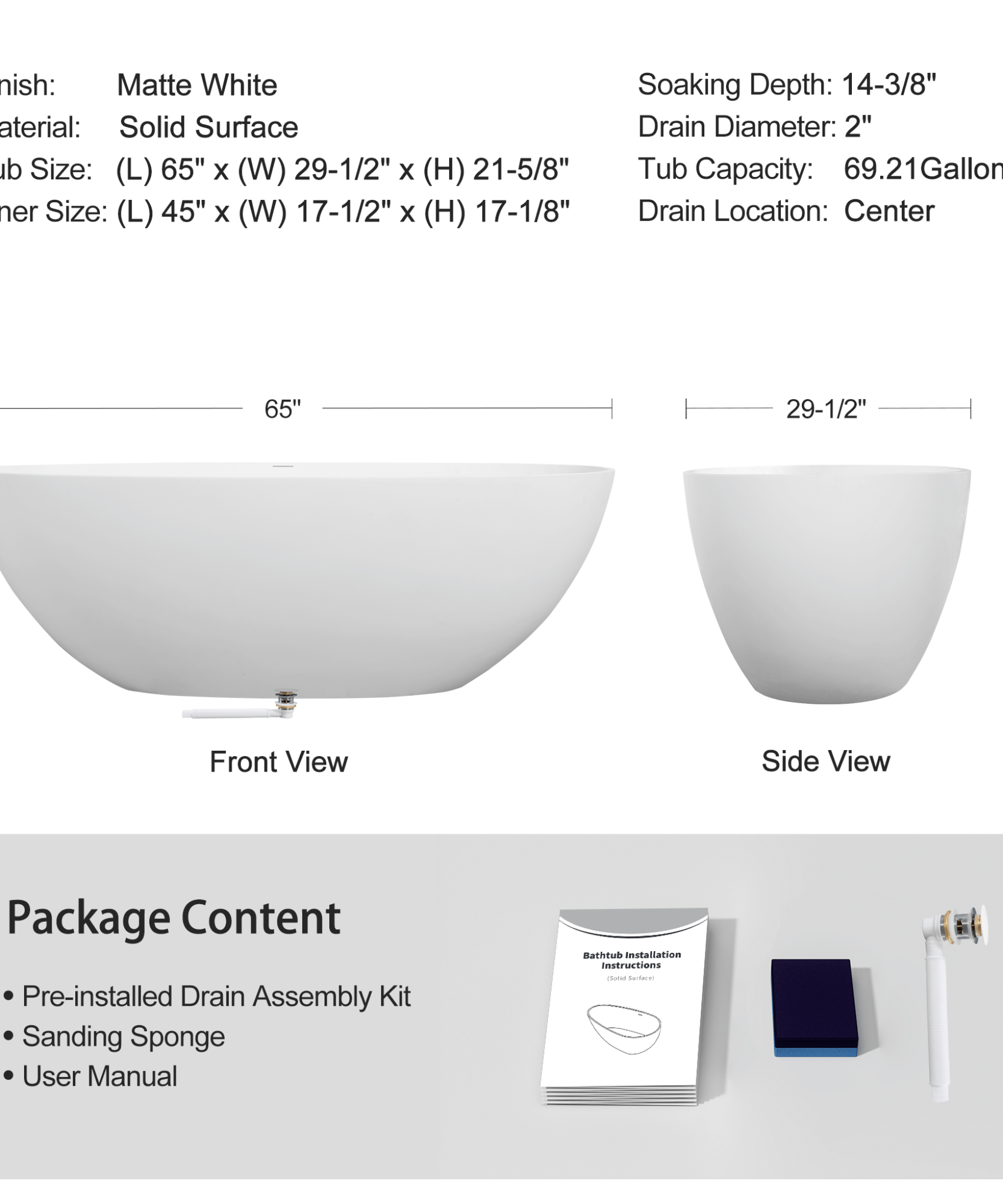 Nuvia Virella 65-Inch Luxury Freestanding Soaking Bathtub With Overflow And Pop-Up Drain (SAK69451)