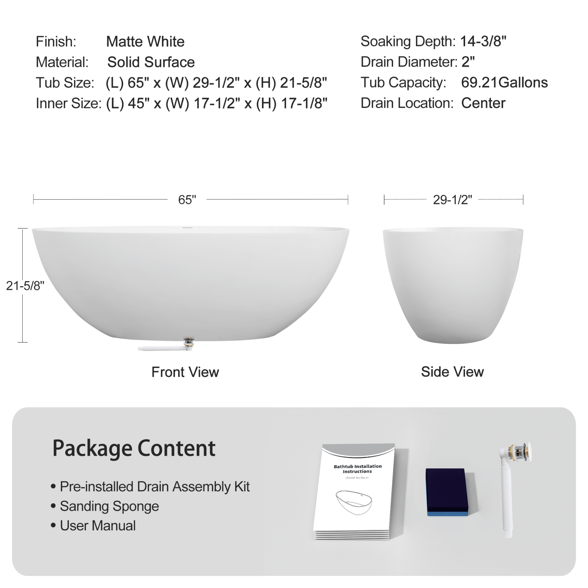 Nuvia Virella 65-Inch Luxury Freestanding Soaking Bathtub With Overflow And Pop-Up Drain (SAK69451)