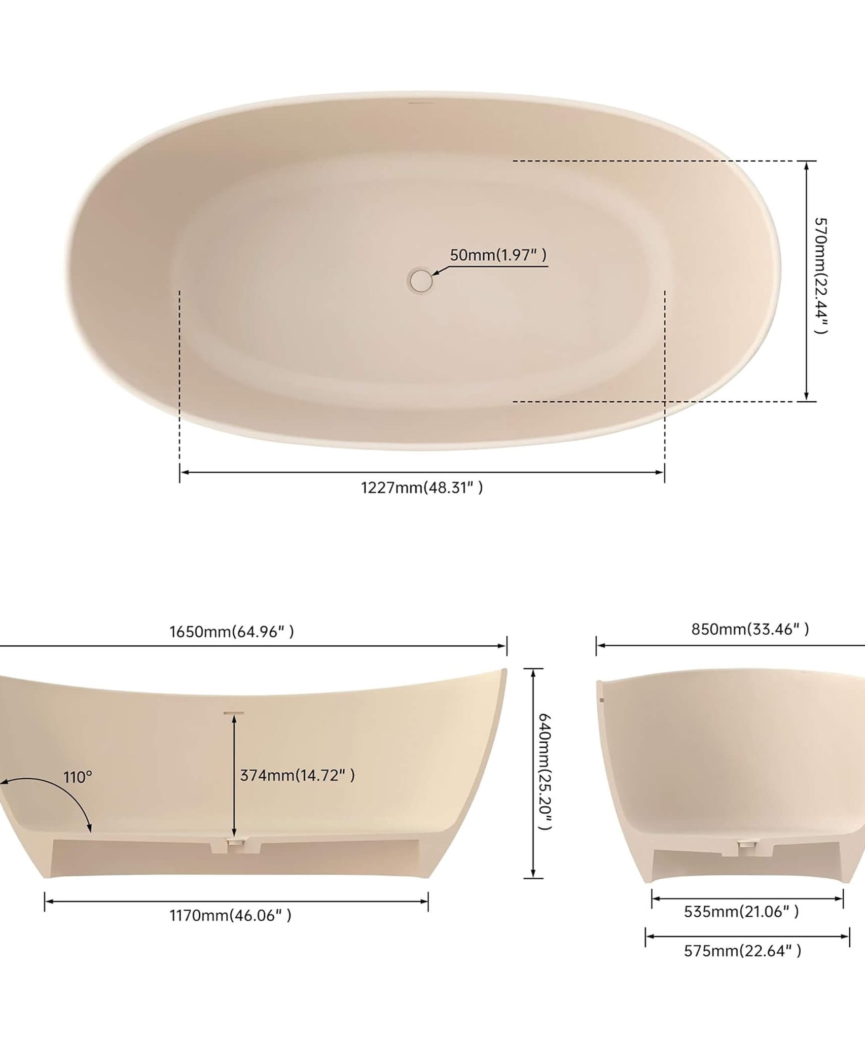[65X33.5-Inch] Nuvia Freestanding Modern Oval Stone Resin Soaking Tub With Overflow Drain (SAK39231)