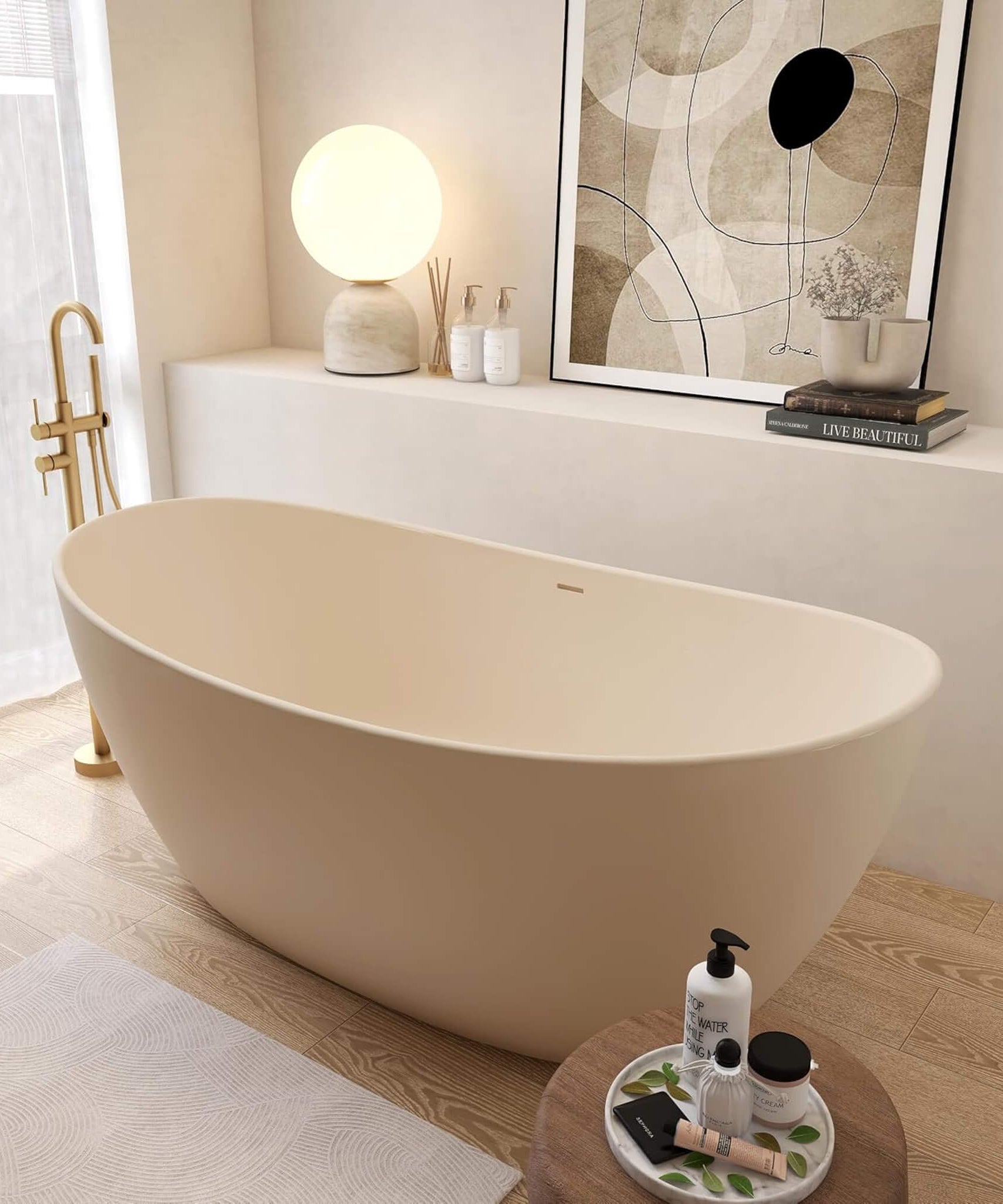 [65X33.5-Inch] Nuvia Freestanding Modern Oval Stone Resin Soaking Tub With Overflow Drain (SAK39231)