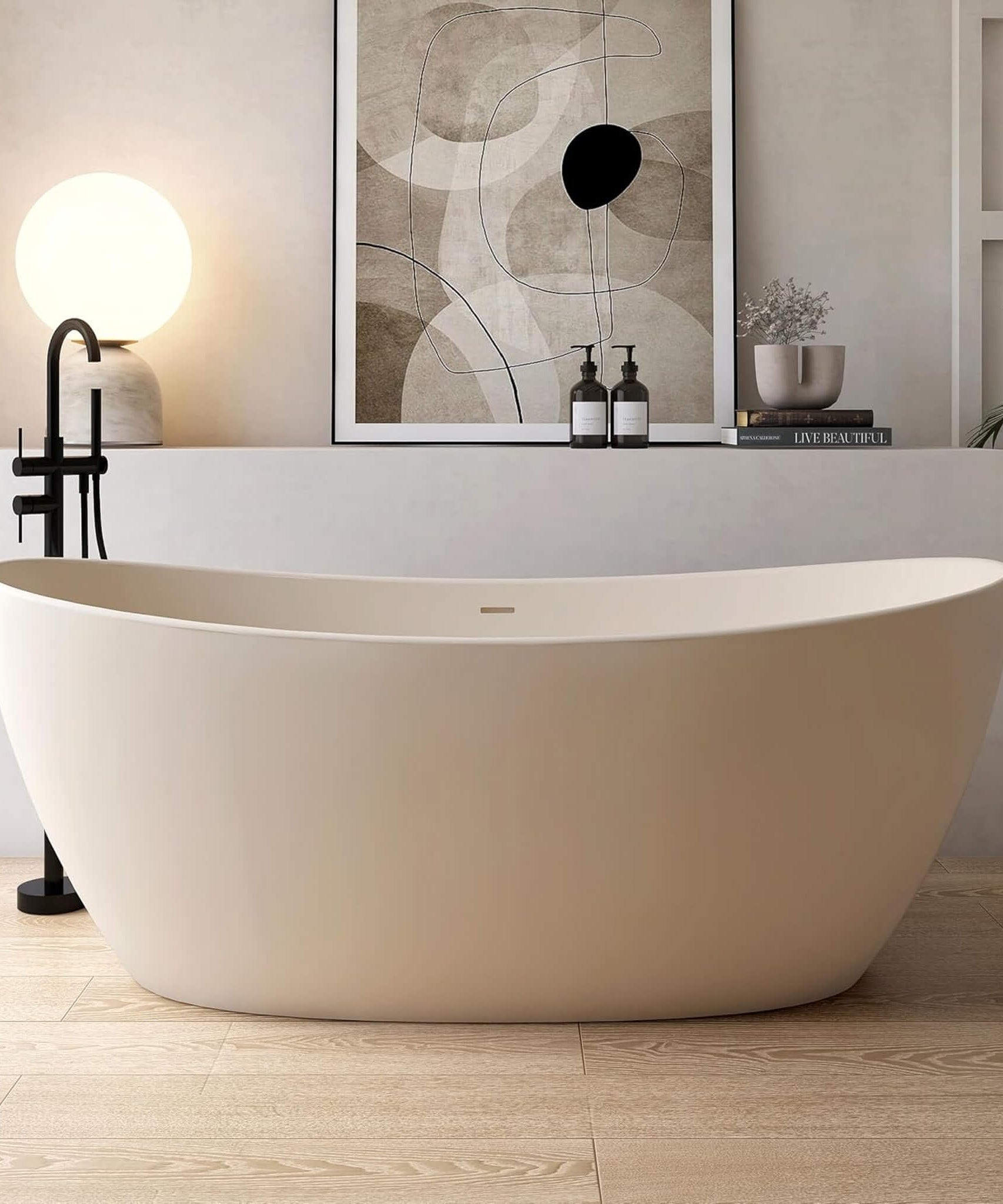 [65X33.5-Inch] Nuvia Freestanding Modern Oval Stone Resin Soaking Tub With Overflow Drain (SAK39231)