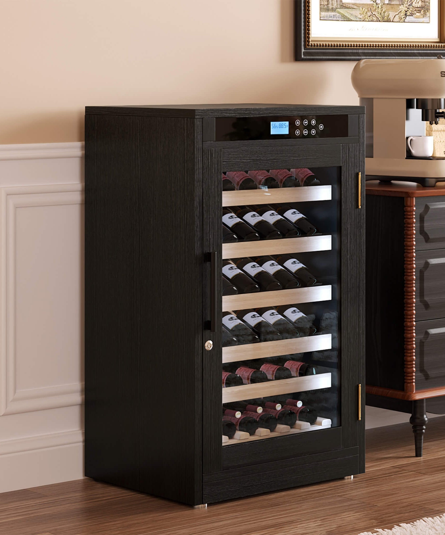 Nuvia 69-Bottle 7.6 Cu.Ft Freestanding Smart Wooden Wine Cooler With LED Touch Display (SAK24861)