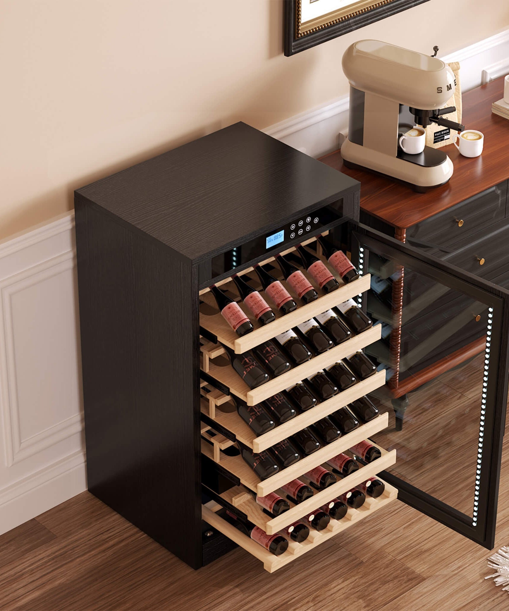 Nuvia 69-Bottle 7.6 Cu.Ft Freestanding Smart Wooden Wine Cooler With LED Touch Display (SAK24861)