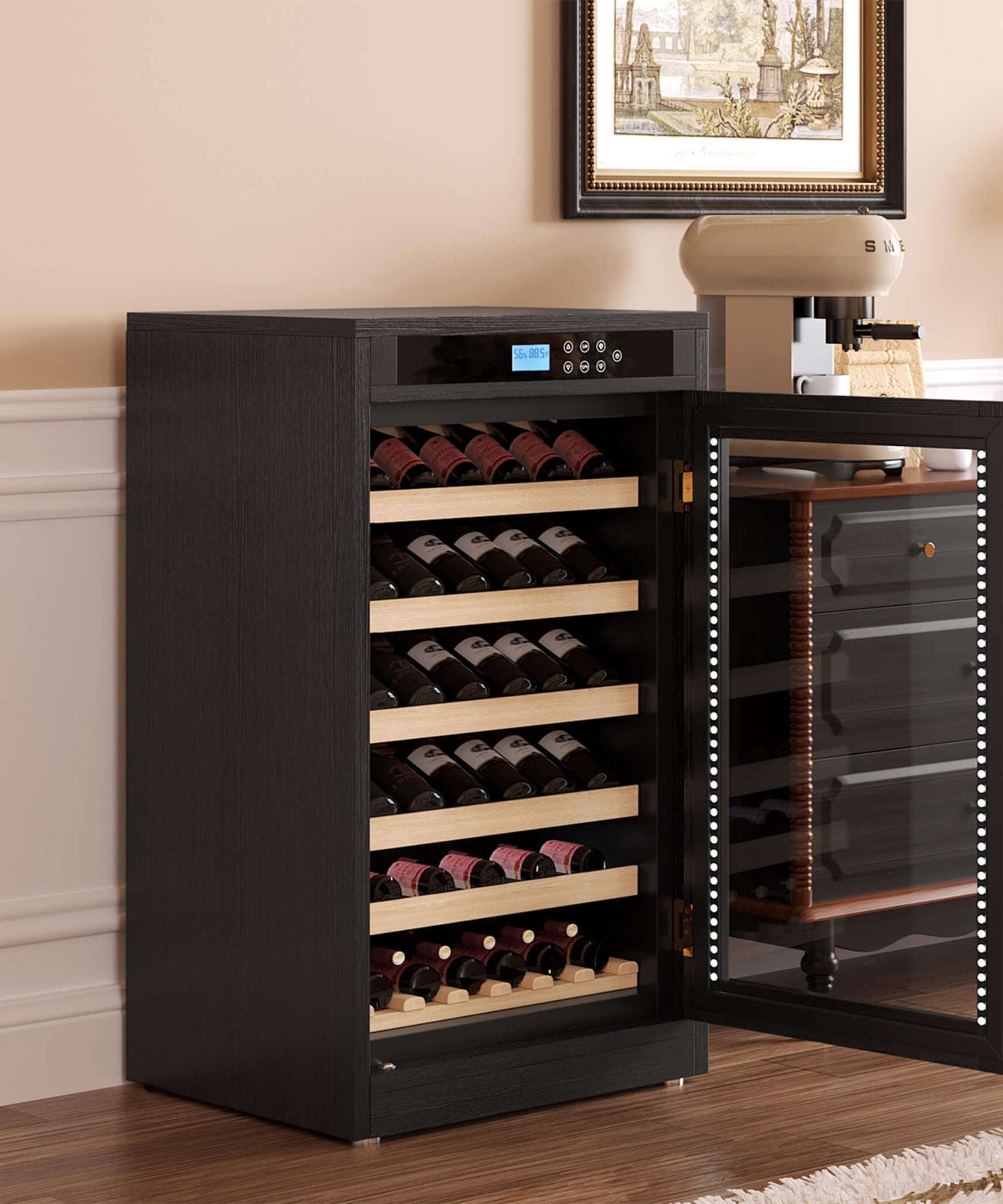Nuvia 69-Bottle 7.6 Cu.Ft Freestanding Smart Wooden Wine Cooler With LED Touch Display (SAK24861)