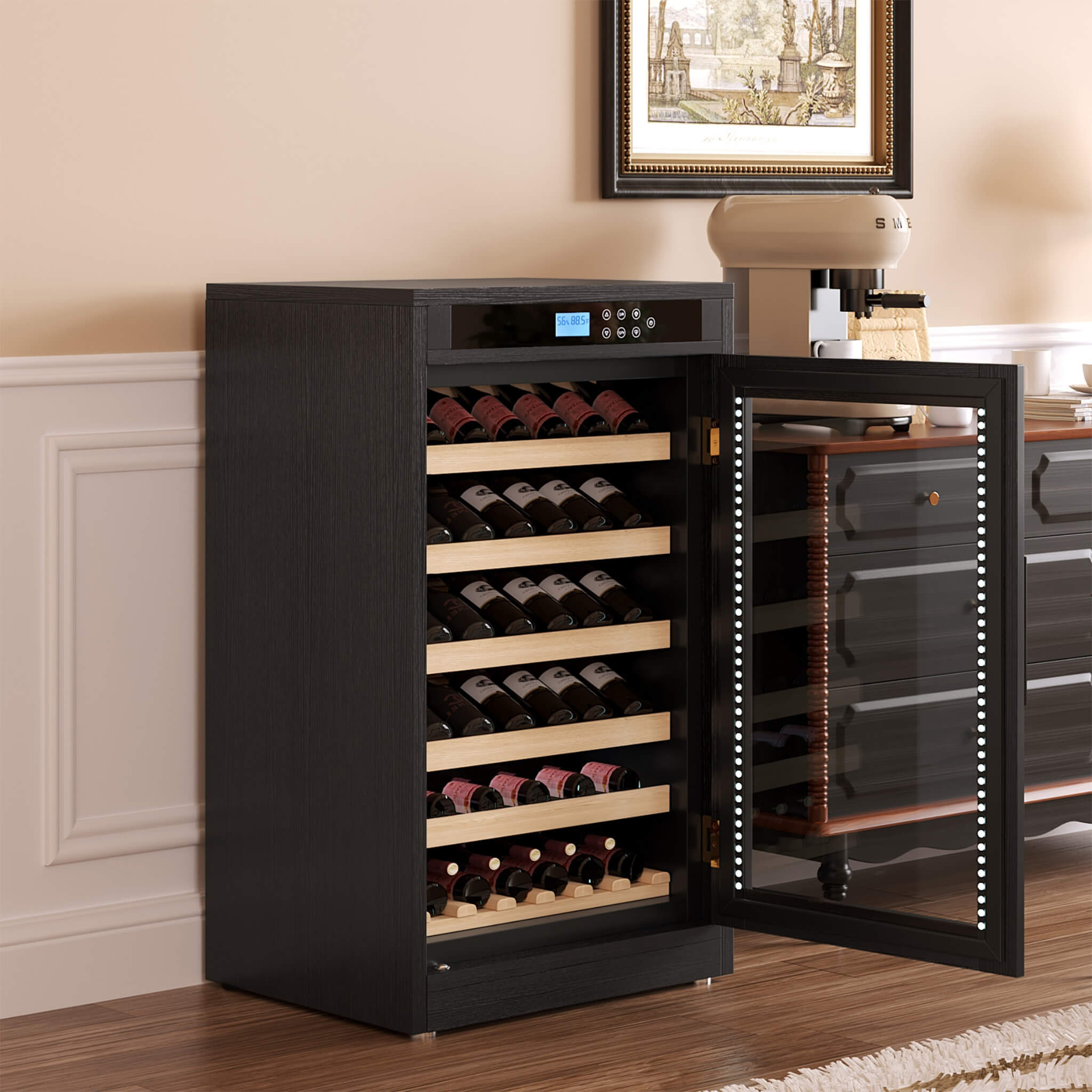 Nuvia 69-Bottle 7.6 Cu.Ft Freestanding Smart Wooden Wine Cooler With LED Touch Display (SAK24861)