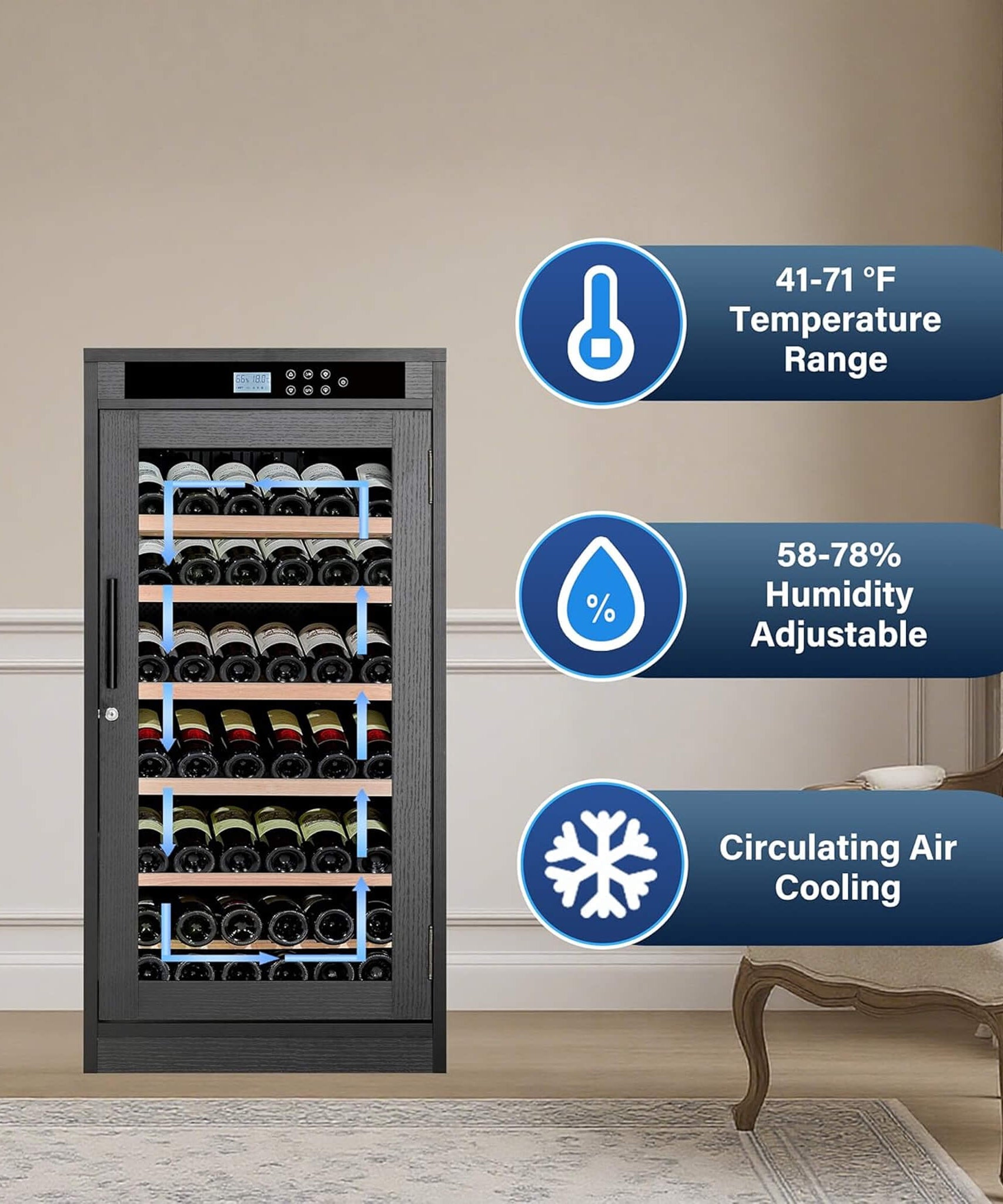 Nuvia 69-Bottle 7.6 Cu.Ft Freestanding Smart Wooden Wine Cooler With LED Touch Display (SAK24861)