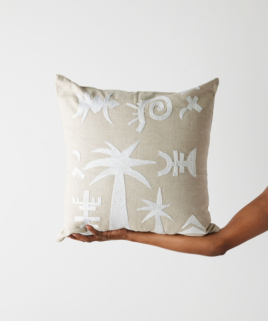 Keiskamma Natural White Linen & Silk Embroidered Throw Pillow