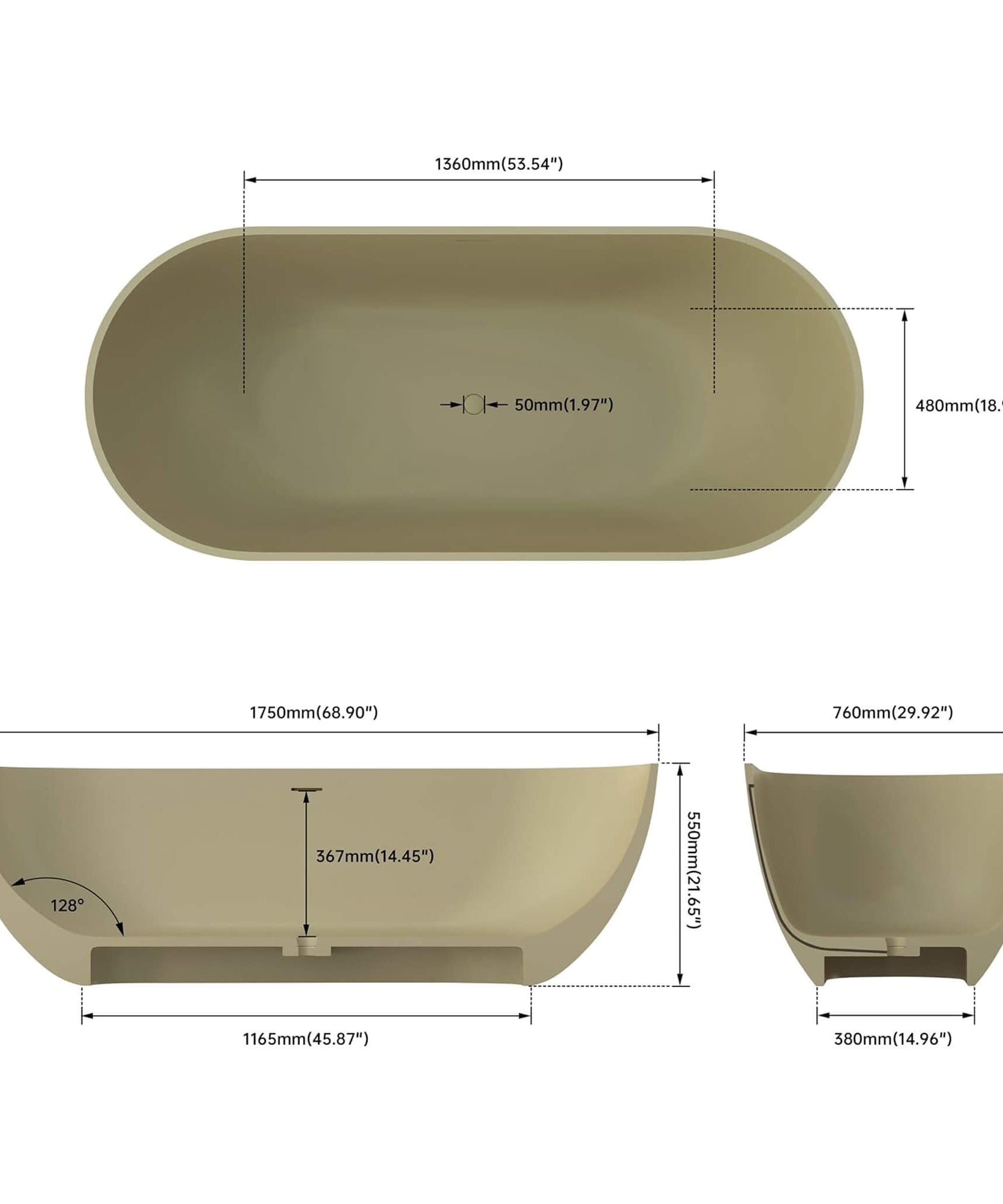 [69X30-Inch] Nuvia Freestanding Oval Stone Resin Soaking Tub With Overflow Drain (SAK35786)
