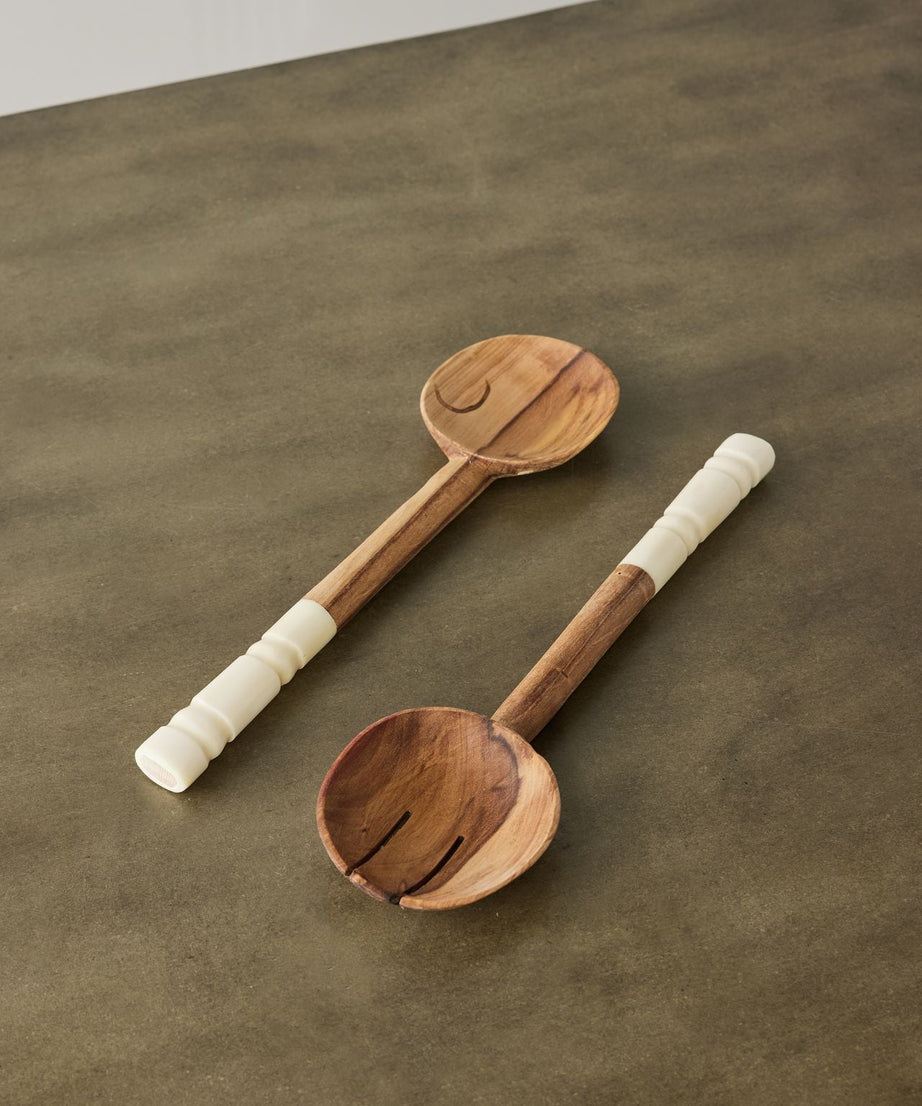 Olive Wood Salad Servers with Polished Bone Handles