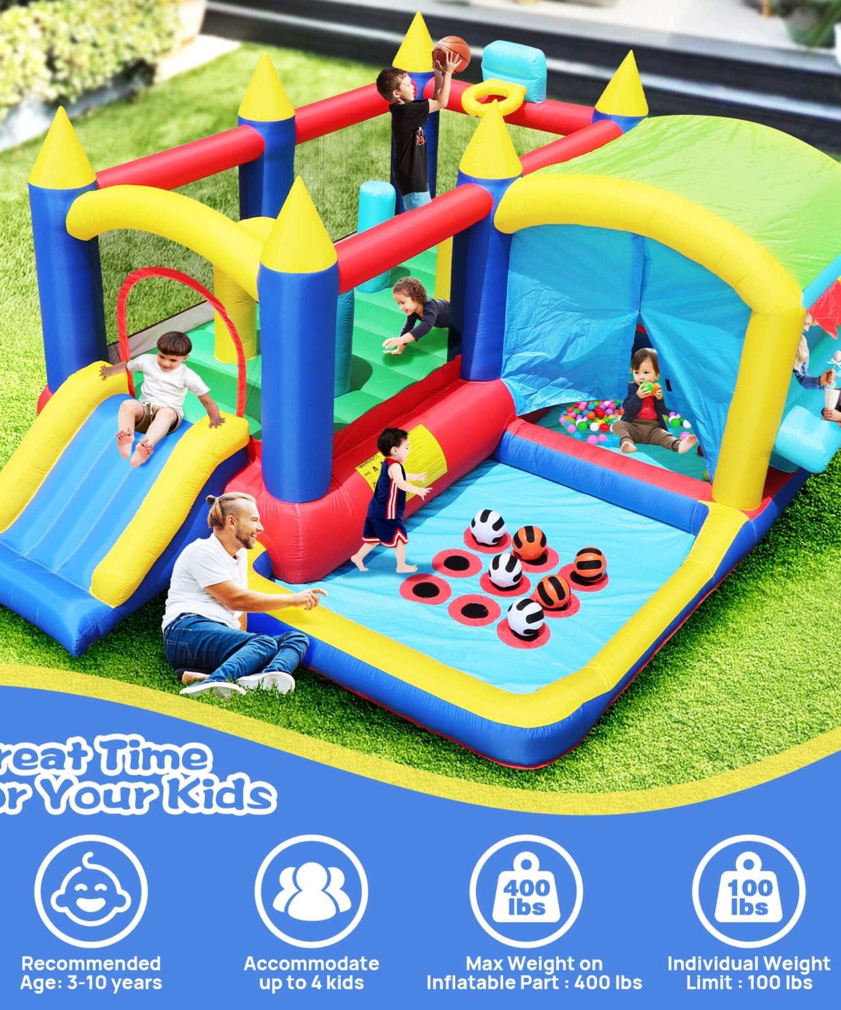 7-In-1 Inflatable Bounce House With Ball Pit, Obstacles And Bouncy Castle (SAK50823)