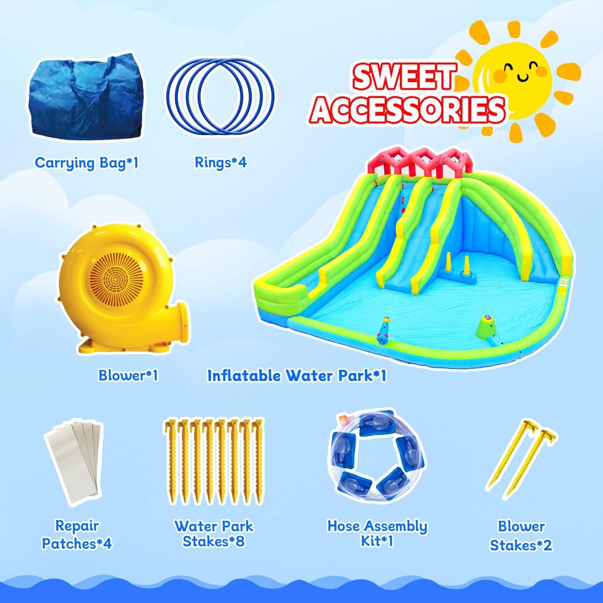 7-In-1 Inflatable Water Park With Triple Slides, Water Gun, And Climbing Wall (SAK98134)